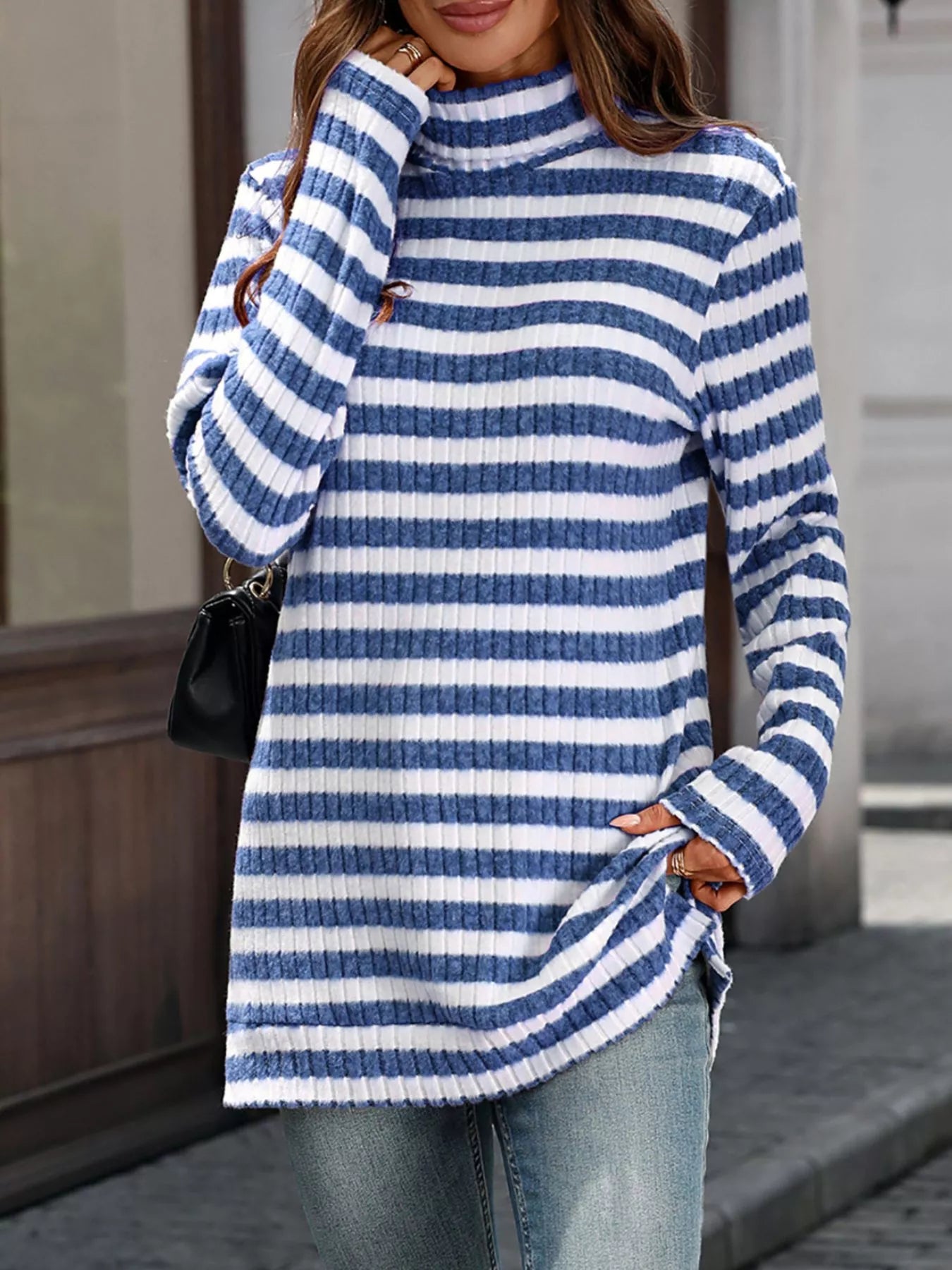 Striped Turtleneck Long Sleeve Knit Top - Be Bliss Boutique