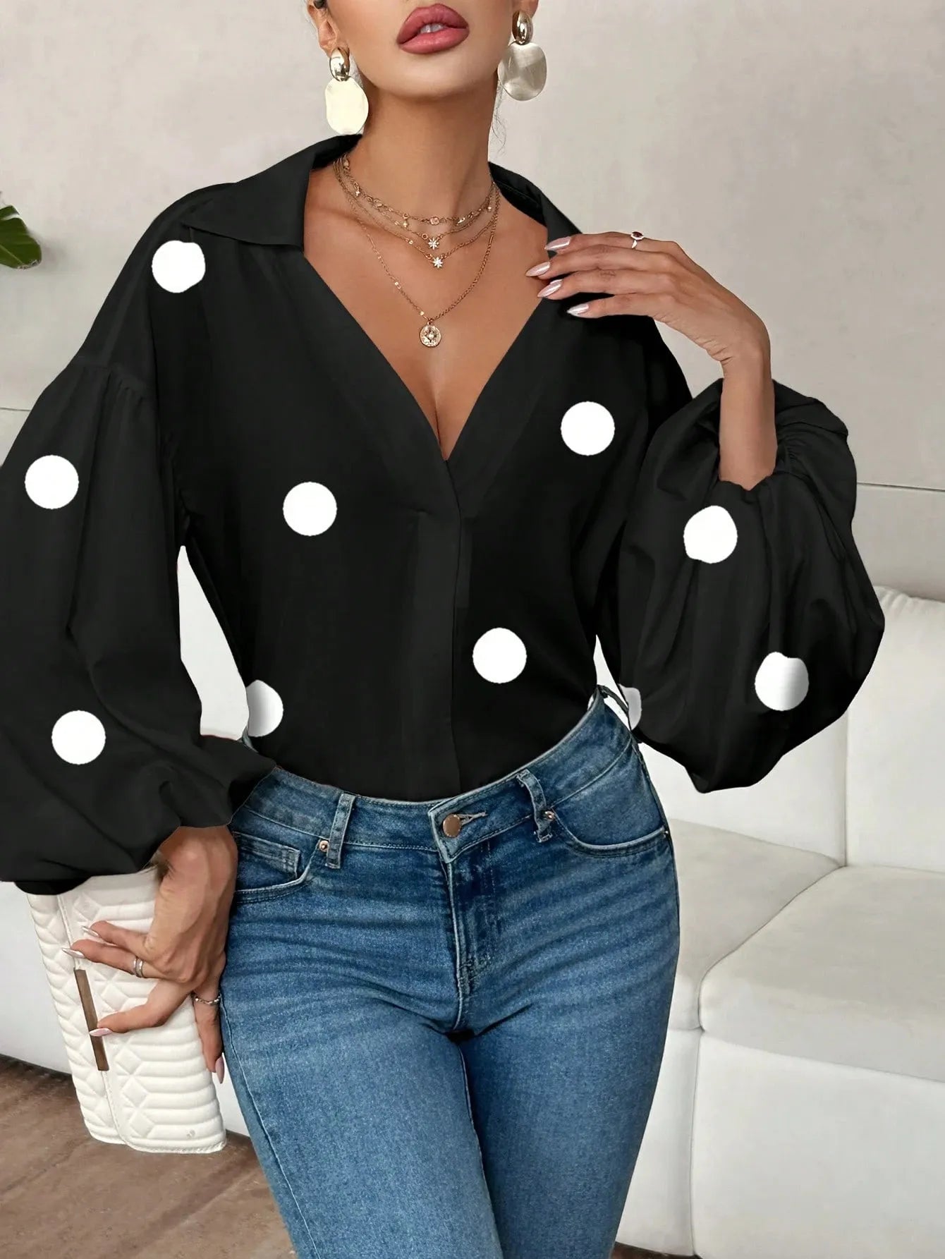 Polka Dot Balloon Sleeve Blouse -  Be Bliss Boutique