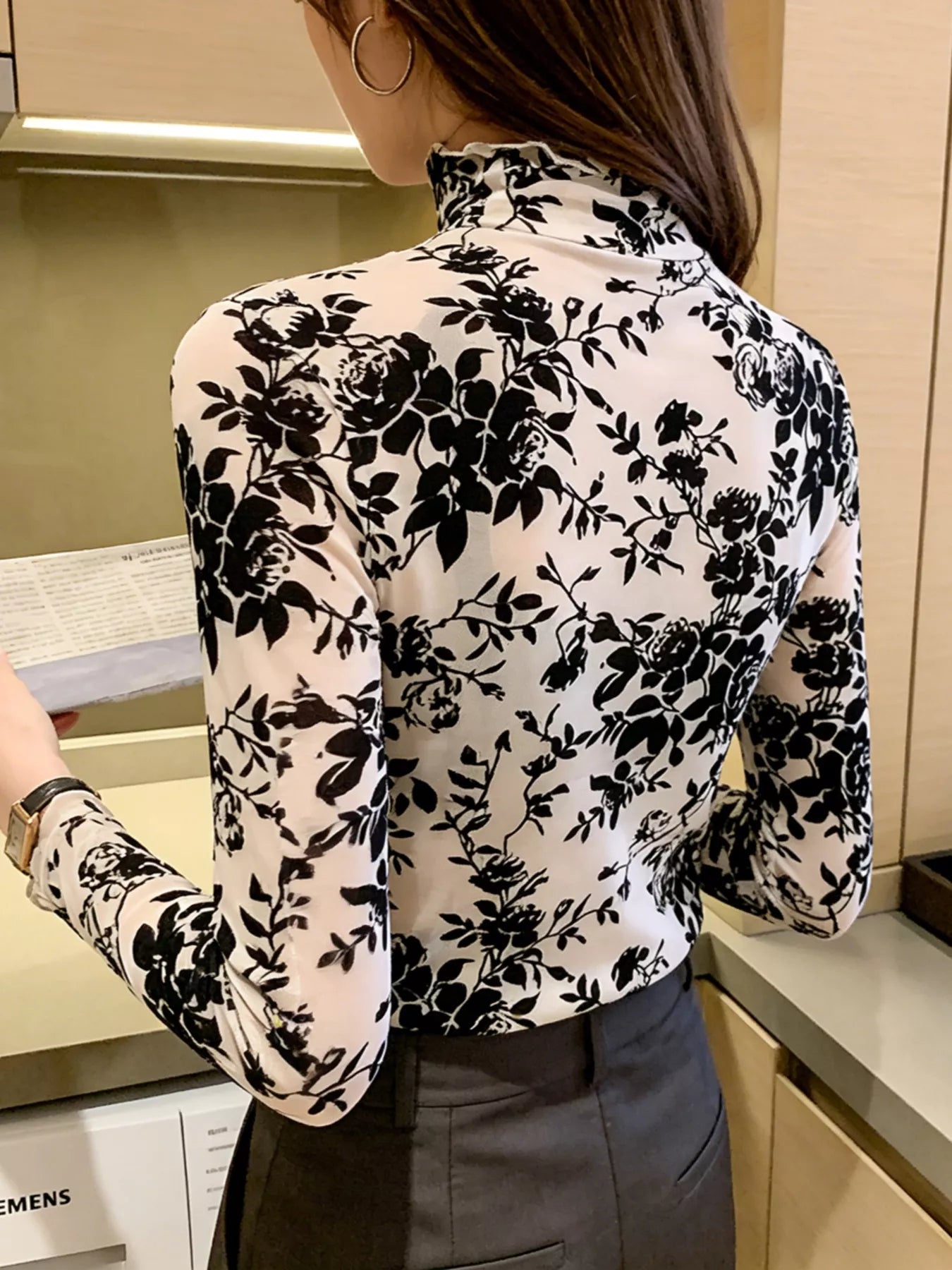 Floral Turtleneck Long Sleeve Top - Be Bliss Boutique