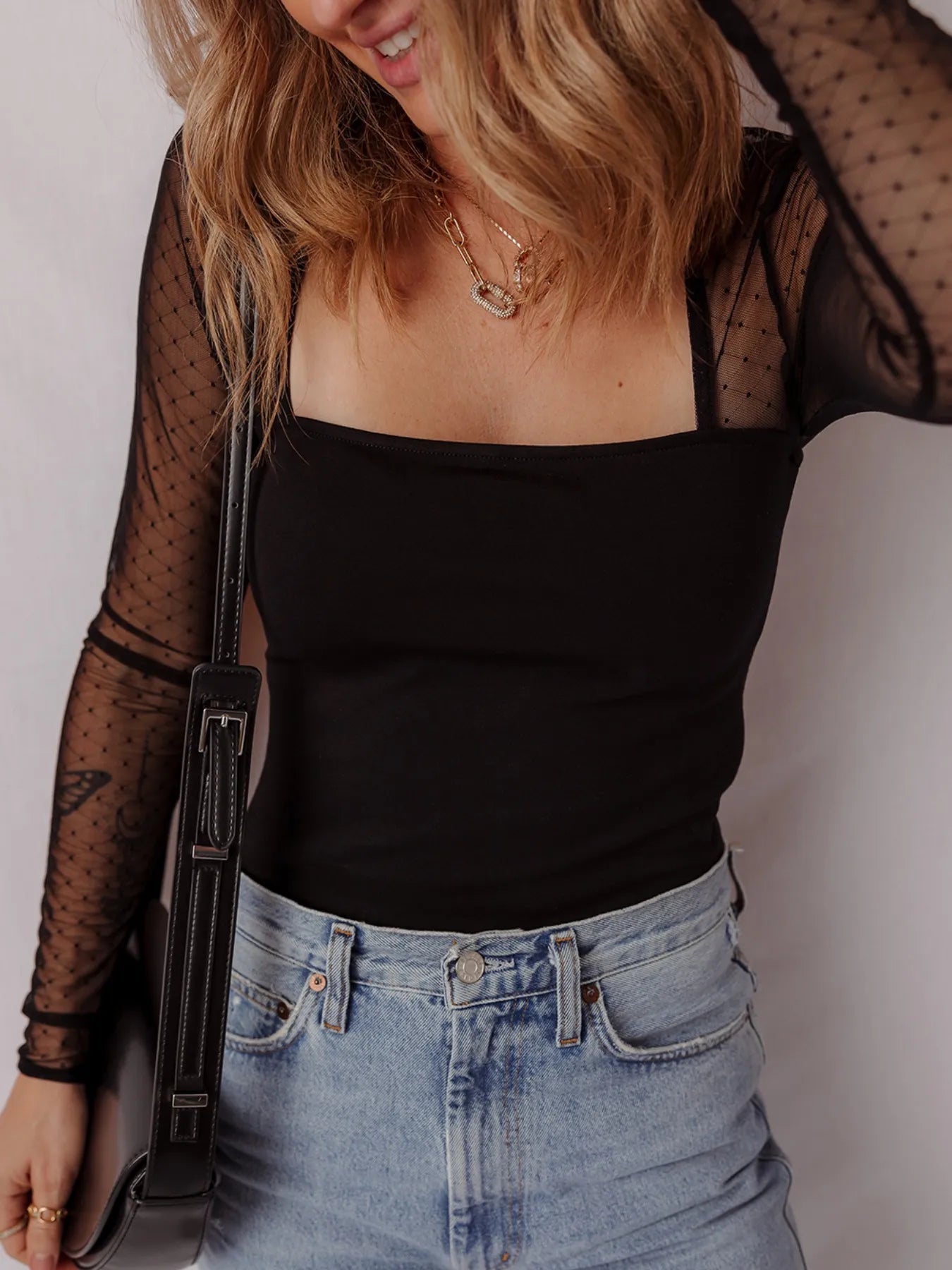 Mesh Sleeve Square Neck Bodysuit -  Be Bliss Boutique