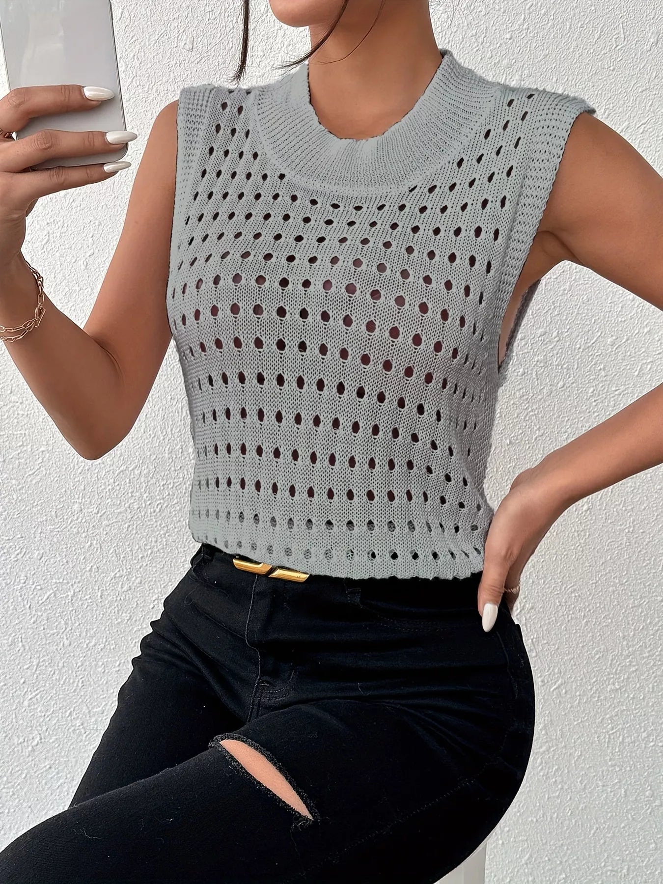 Hollow Out Round Neck Knit Tank -  Be Bliss Boutique
