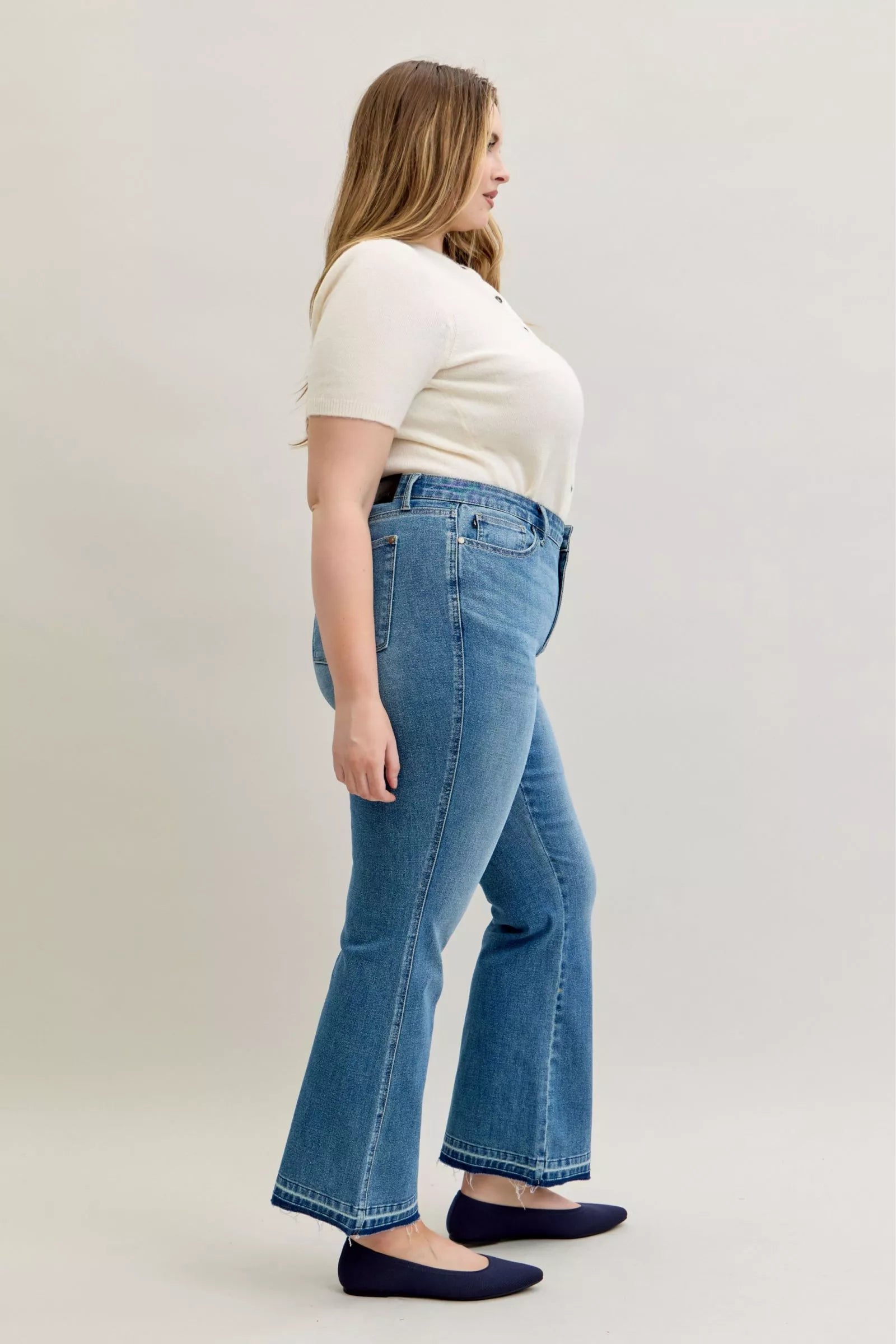 Judy Blue Jeans - Full Size Mid Rise Slim Bootcut Tummy Control Release Hem Jeans - Be Bliss Boutique