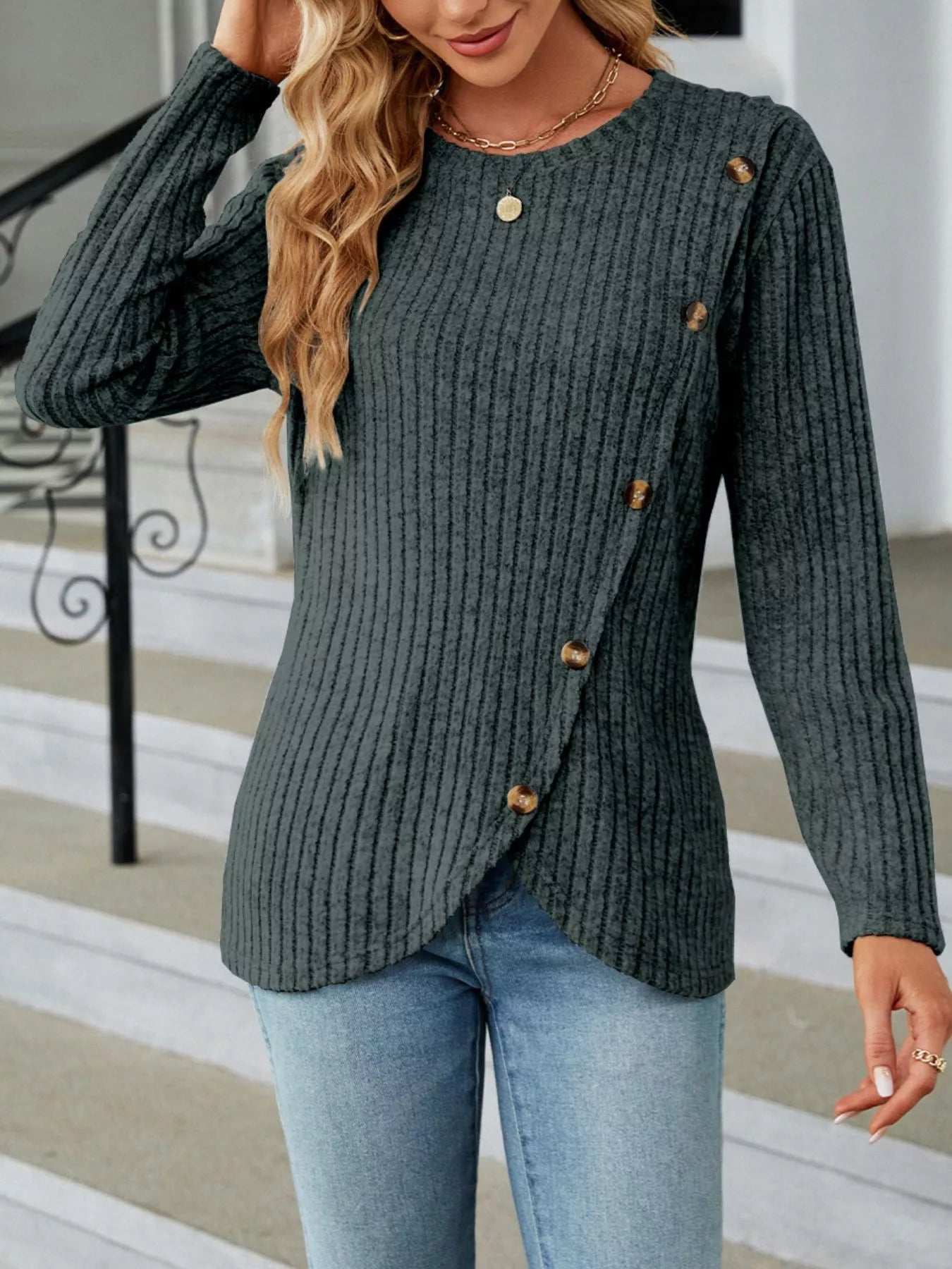 Ribbed Knit Decor Button T-Shirt -  Be Bliss Boutique