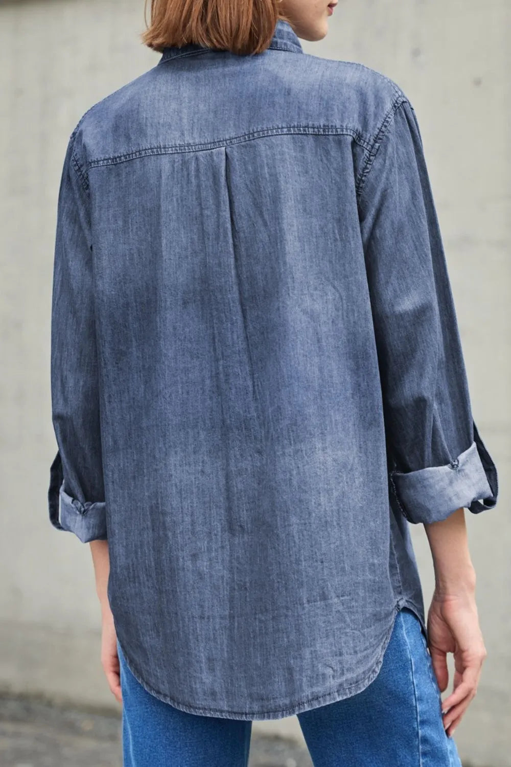 Pocketed Collared Neck Long Sleeve Denim Top - Be Bliss Boutique