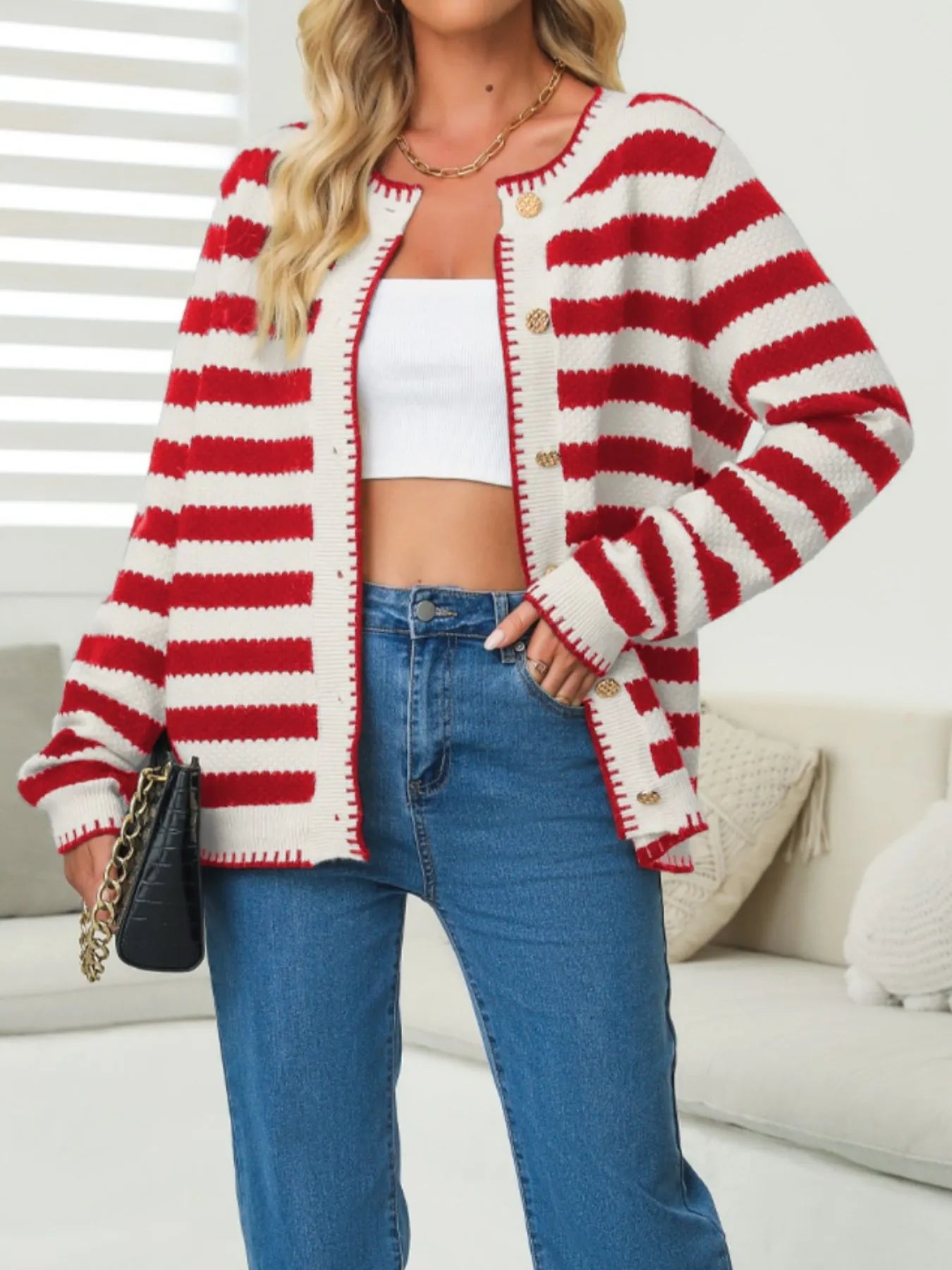 Button Down Striped Long Sleeve Cardigan -  Be Bliss Boutique