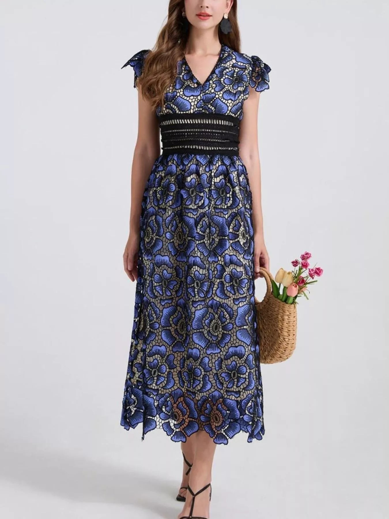 Printed V-Neck Ruffle Sleeve Midi Dress - Be Bliss Boutique