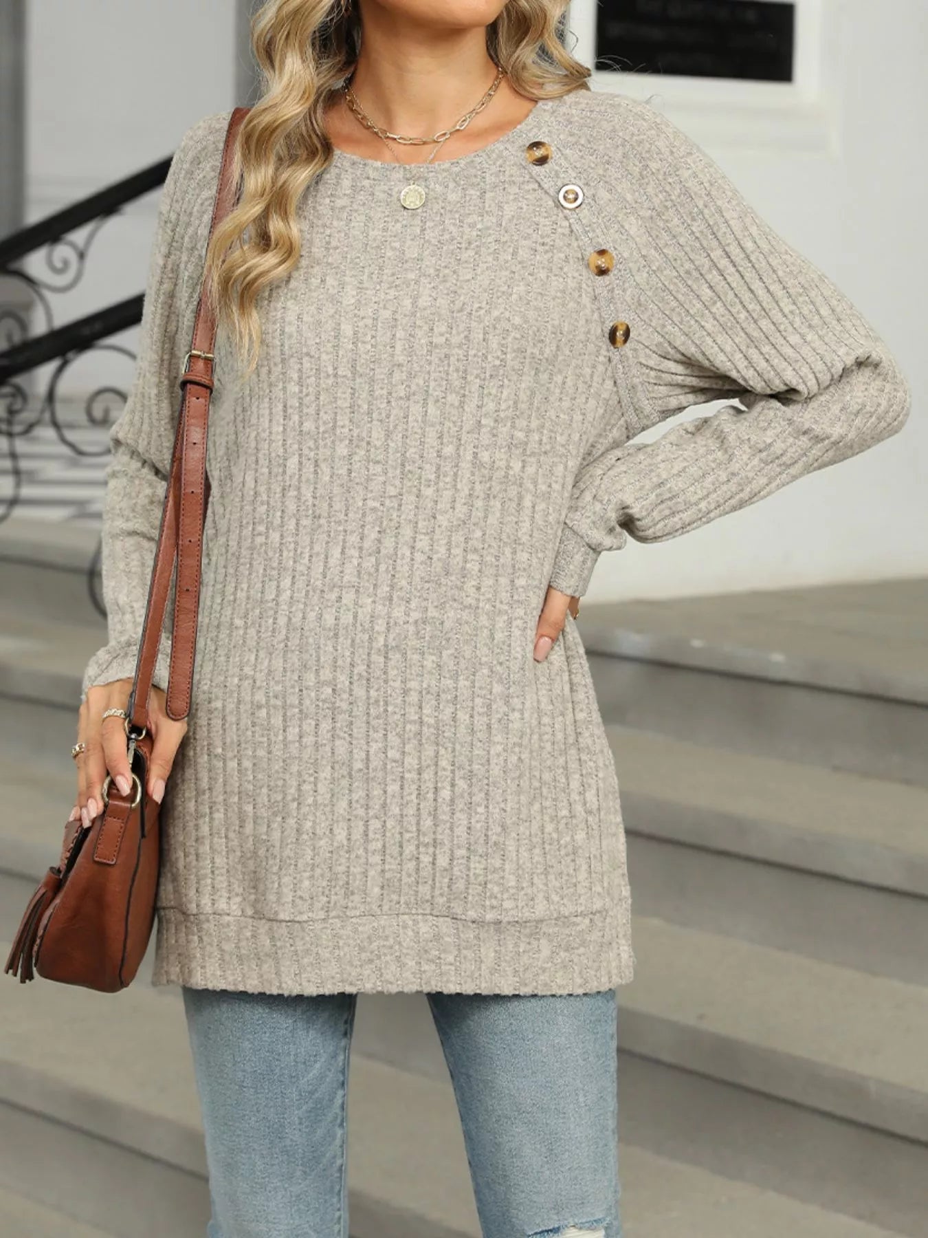Cozy Chic Ribbed Button Detail Long Sleeve Tunic -  Be Bliss Boutique