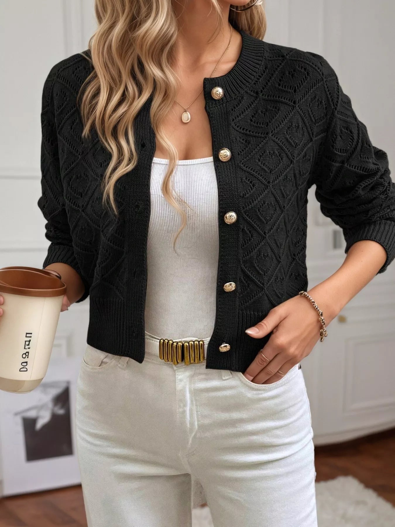 Openwork Button Up Long Sleeve Cardigan -  Be Bliss Boutique