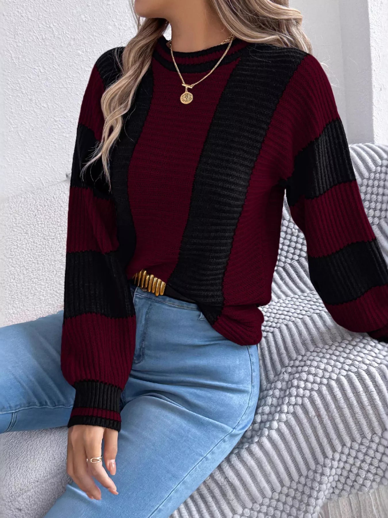 Color Block Round Neck Sweater - Be Bliss Boutique