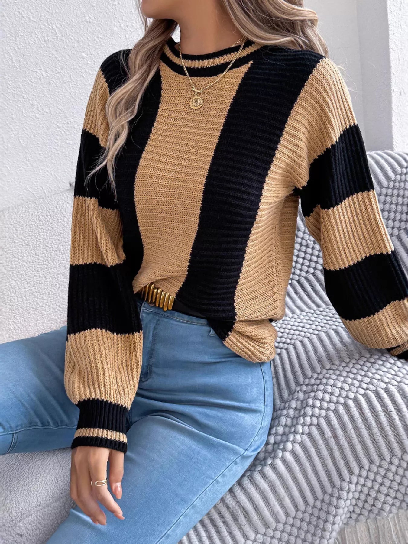 Color Block Round Neck Sweater - Be Bliss Boutique