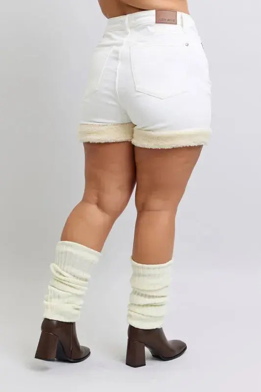 Judy Blue Full Size/Plus Size High Waist Shearling Cuff Denim Shorts | Be Bliss Boutique