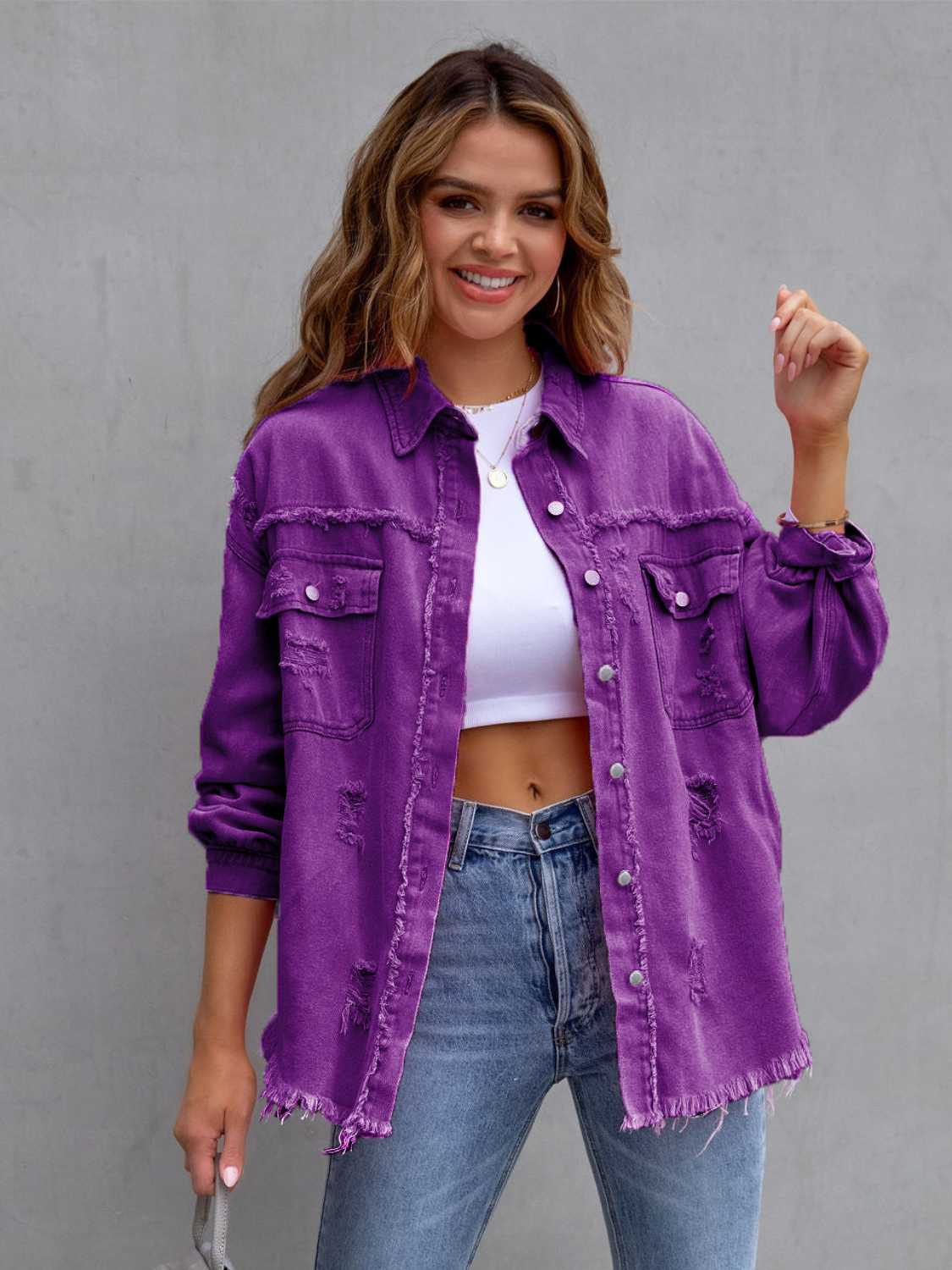 Distressed Drop Shoulder Denim Jacket - Be Bliss Boutique