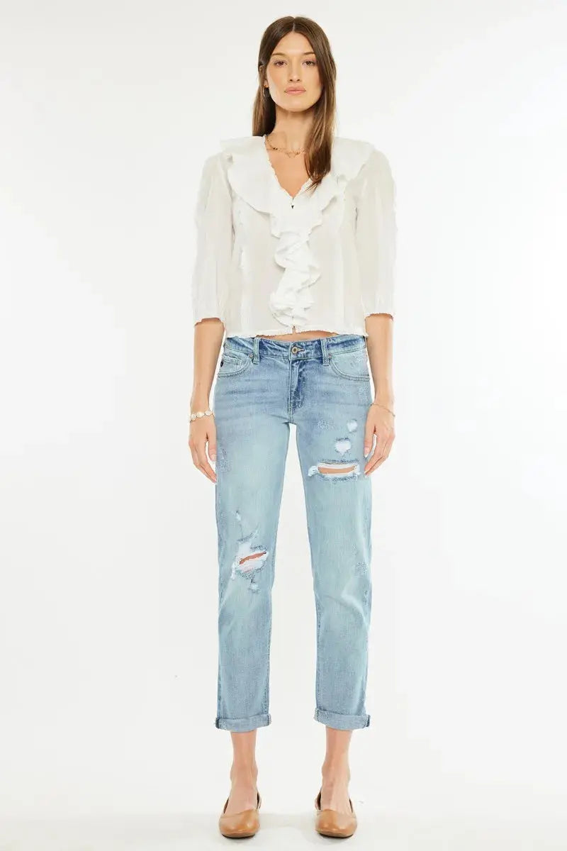 Kancan Mid Rise Distressed Boyfriend Fit Jeans | Be Bliss Boutique