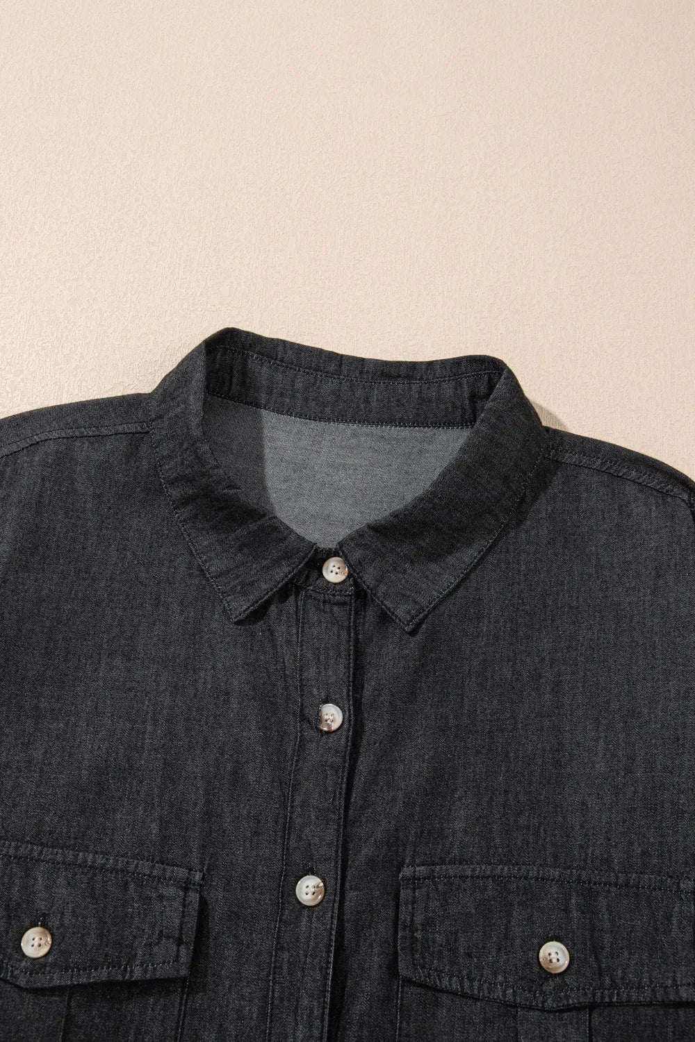 Pocketed Collared Neck Long Sleeve Denim Top - Be Bliss Boutique