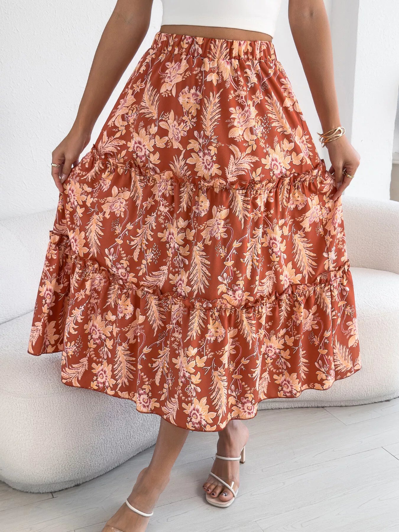 Floral Print Ruffle Hem Flowy Midi Skirt - Be Bliss Boutique