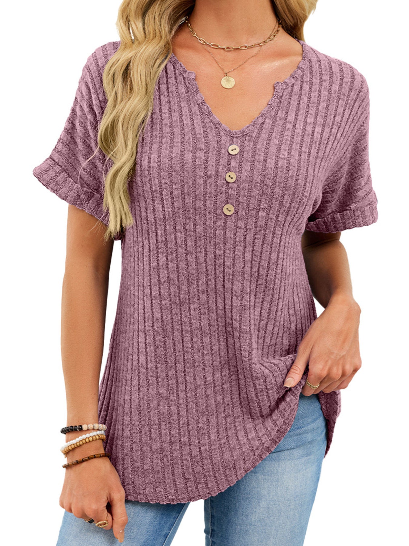 Women's Ribbed Knit Button V Neck Short Sleeve T Shirt - Be Bliss Boutique