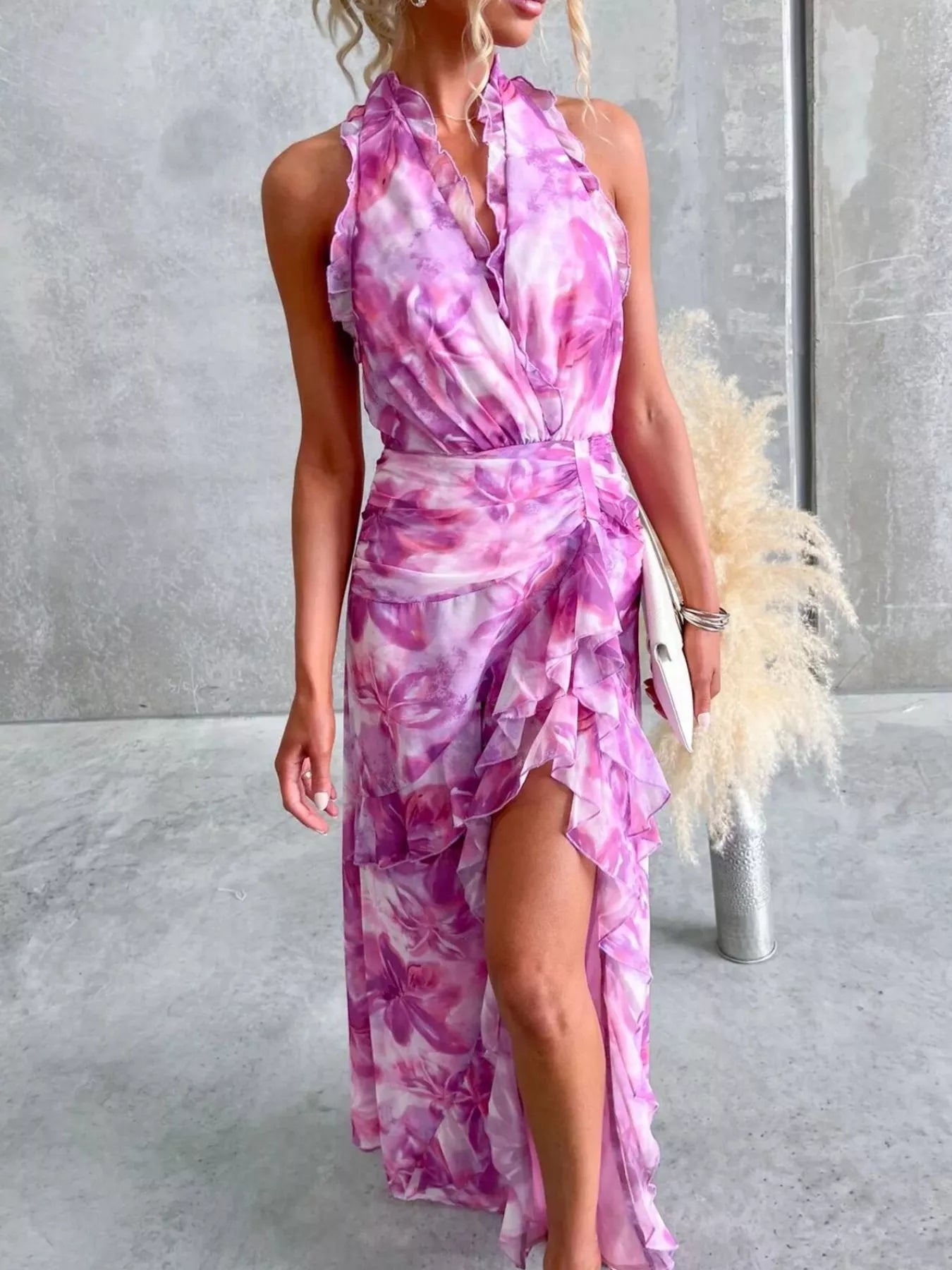 Floral Print Ruffle Halter Neck Maxi Dress - Be Bliss Boutique