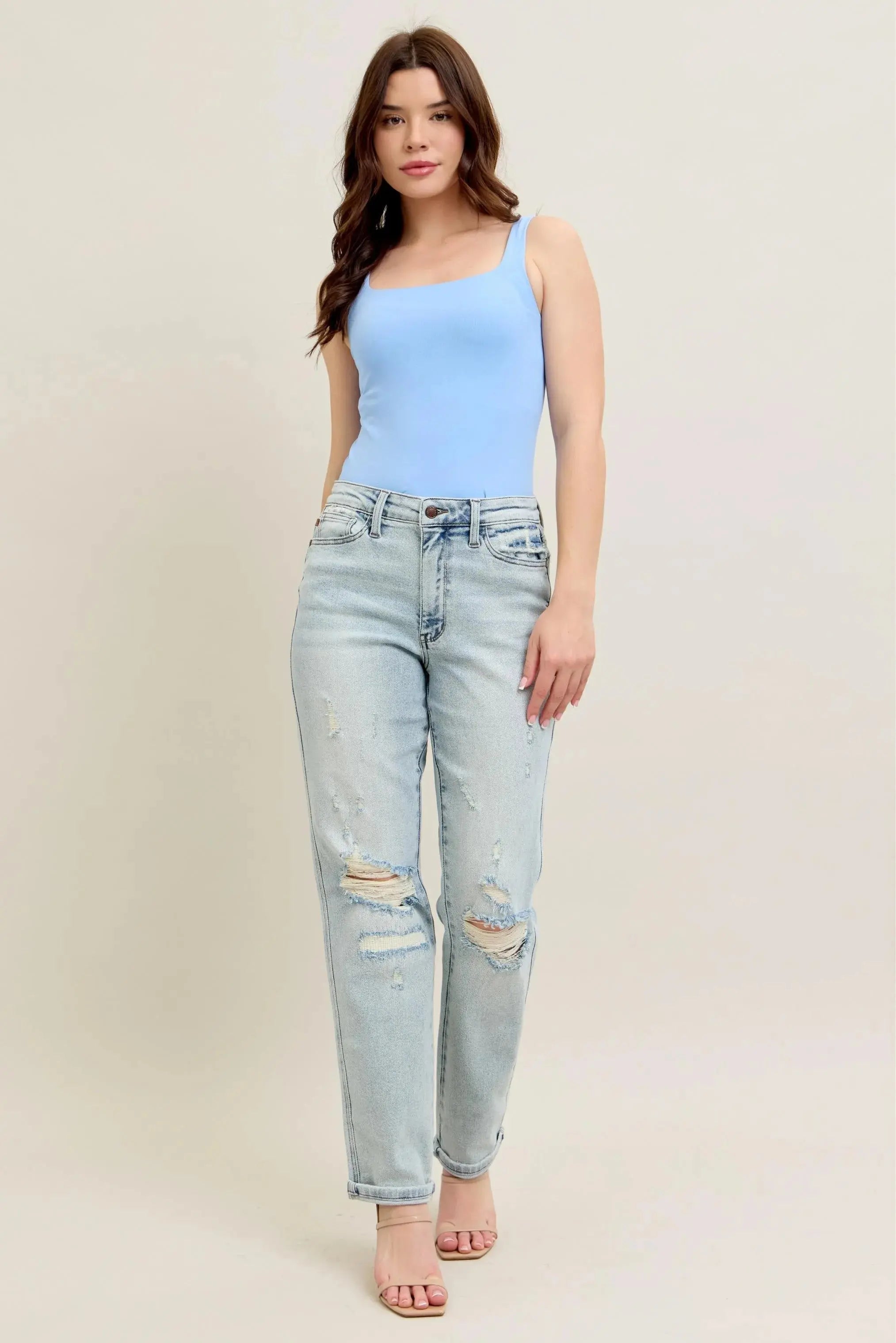 Judy Blue Full Size / Plus Size Mr Repair Stitch Detail Destroy Single Cuff Boyfriend Jeans |  Be Bliss Boutique