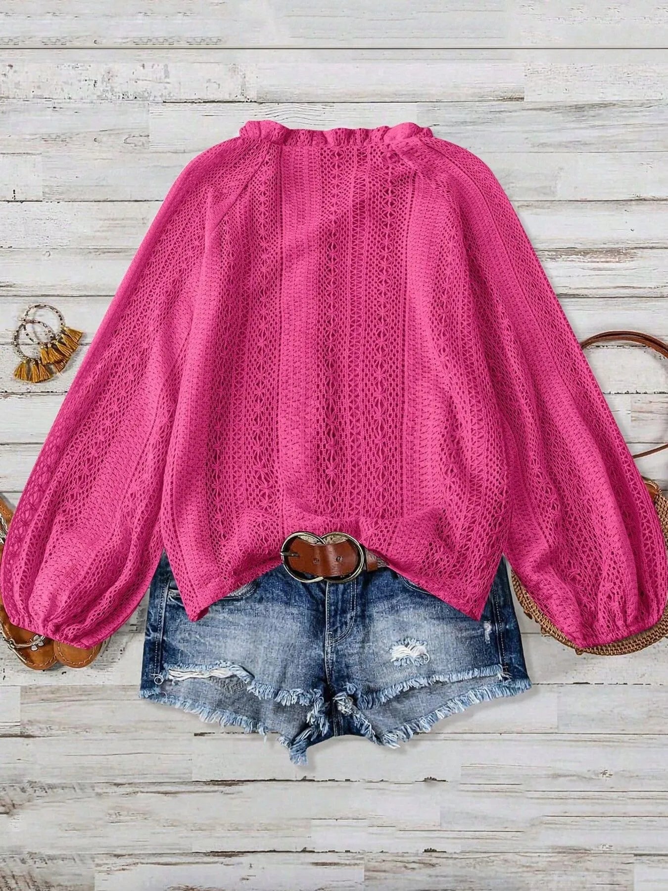 Crochet Notched Button-Front Shirt -  Be Bliss Boutique