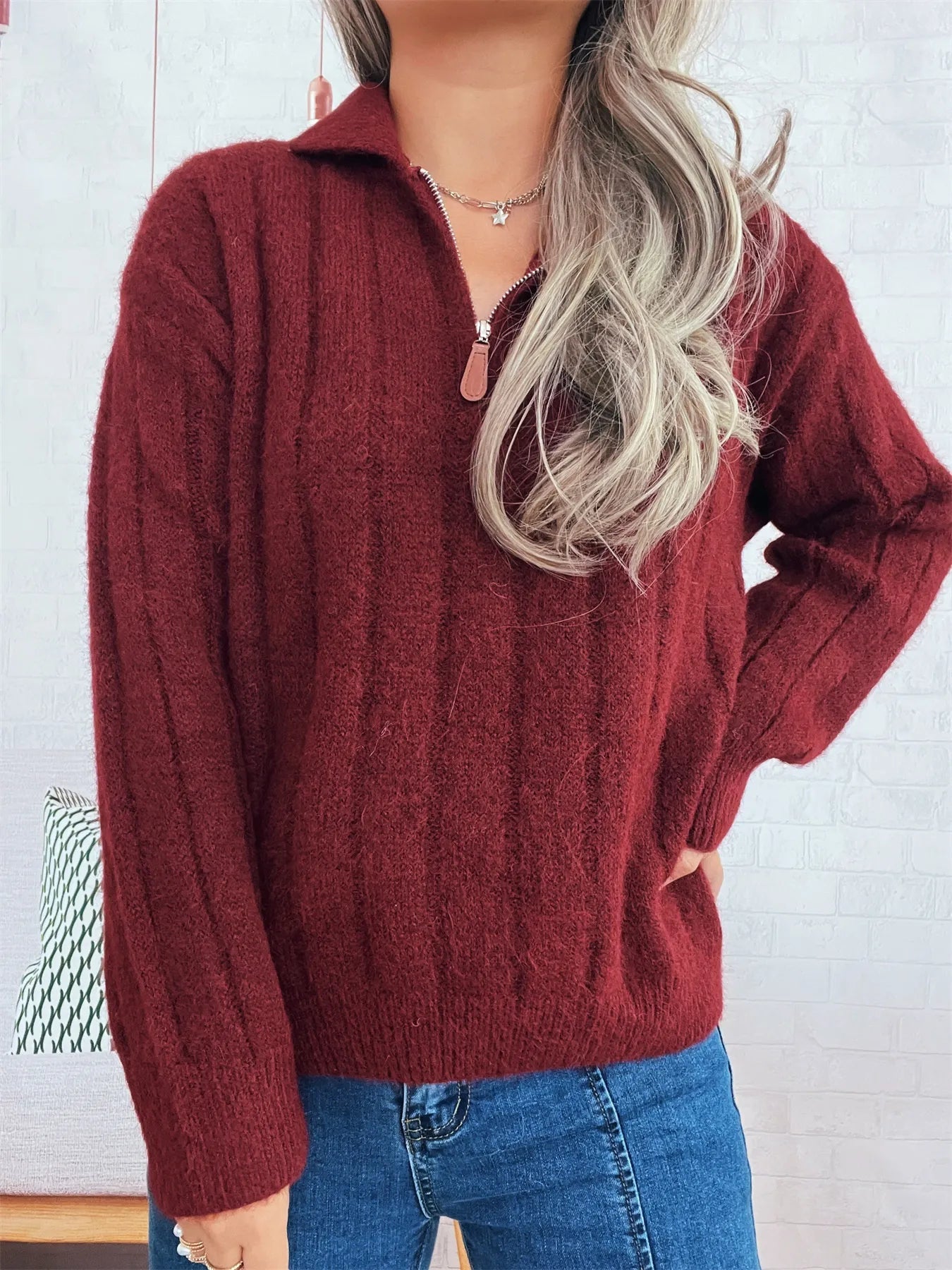 Ribbed Hem Quarter Zip Sweater -  Be Bliss Boutique