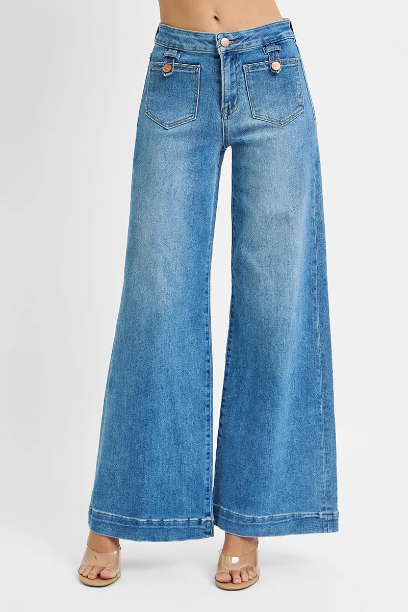 RISEN Full Size Mid Rise Wide Front Patch Pocket Jeans Plus Size -  Be Bliss Boutique