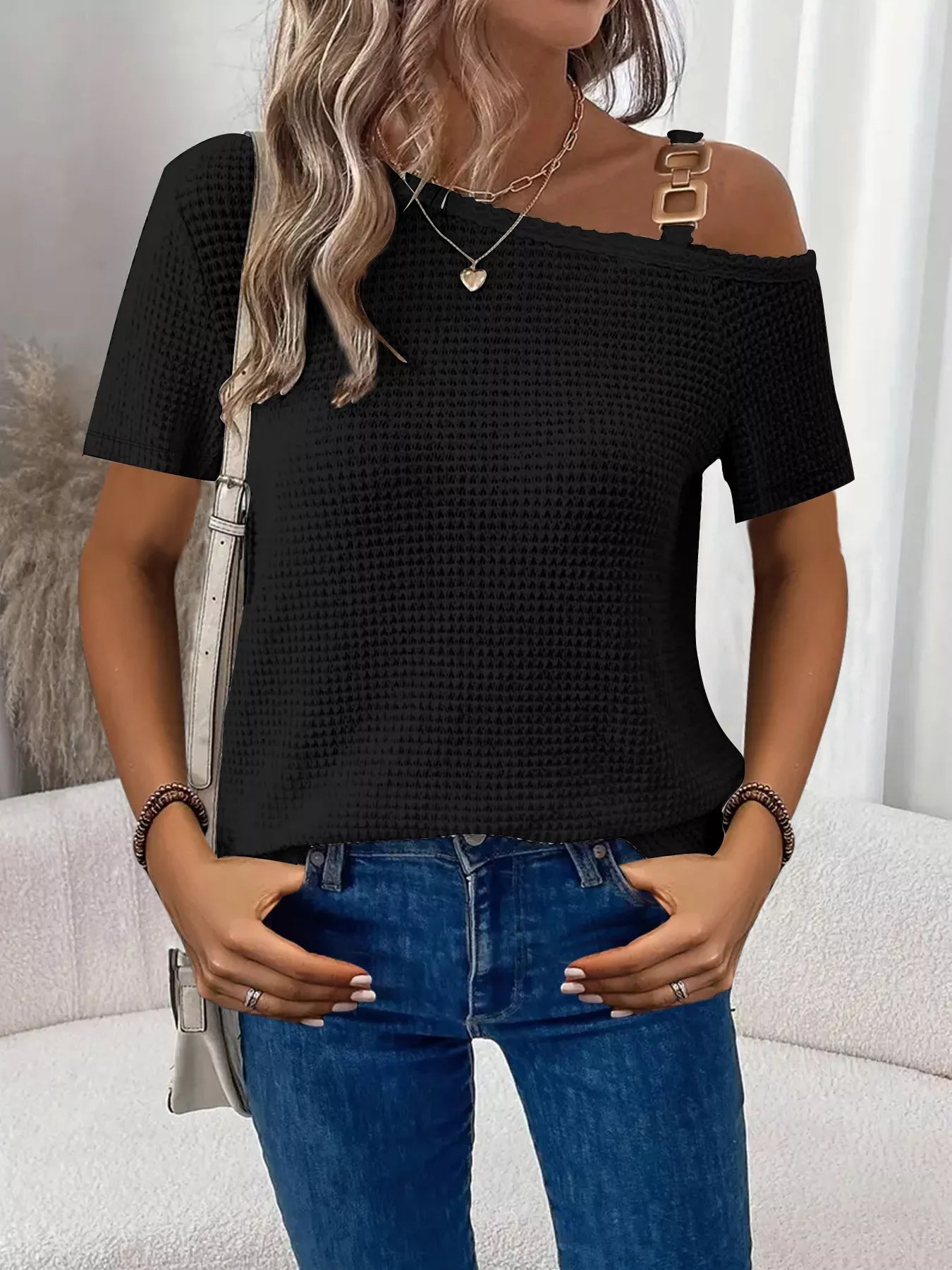 Chain Detail Waffle Knit One Shoulder T Shirt - Be Bliss Boutique
