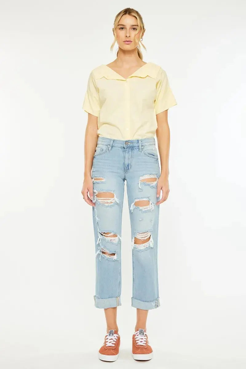 Kancan Mid Rise Distressed Boyfriend Jeans |  Be Bliss Boutique