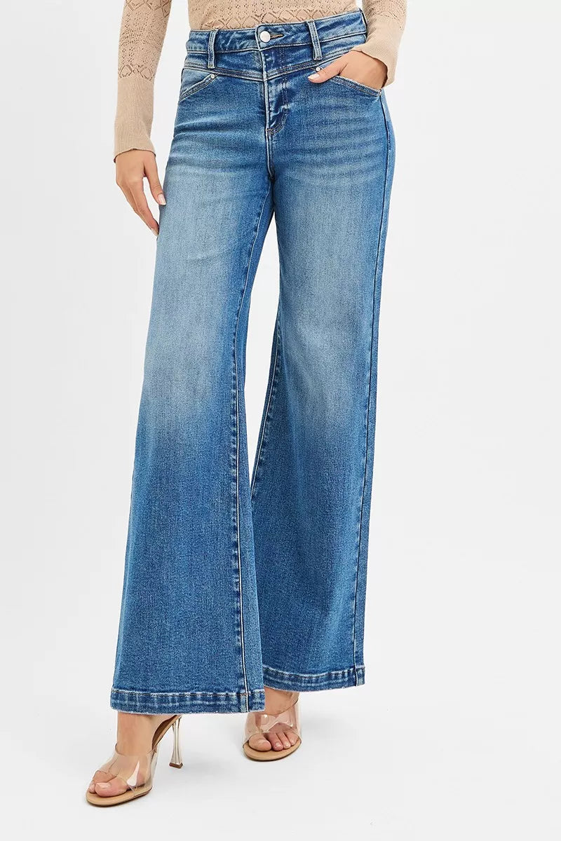 RISEN High Rise Wide Leg Jenas with Front Yoke and Heart Back Pocket - Be Bliss Boutique