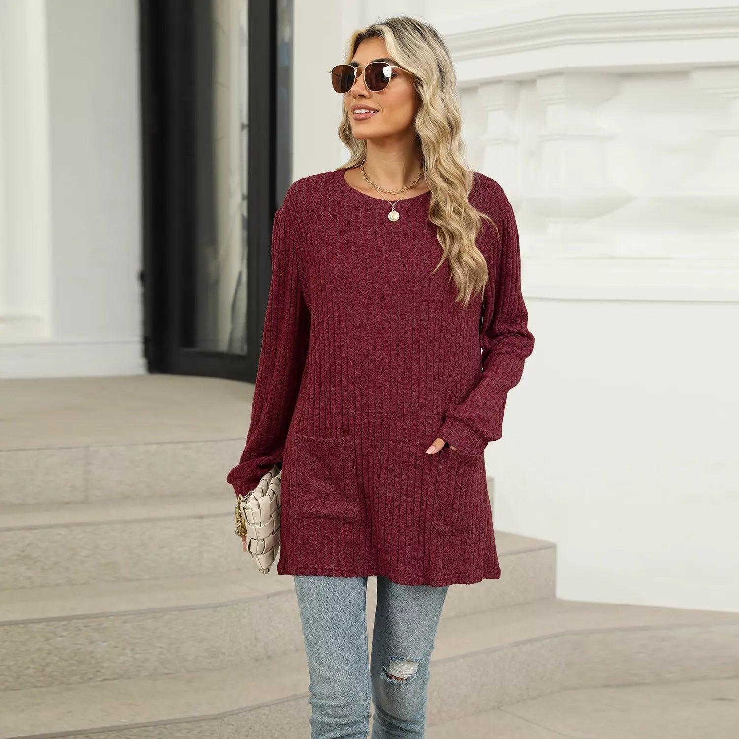 Ribbed Knit Long Sleeve T-Shirt -  Be Bliss Boutique