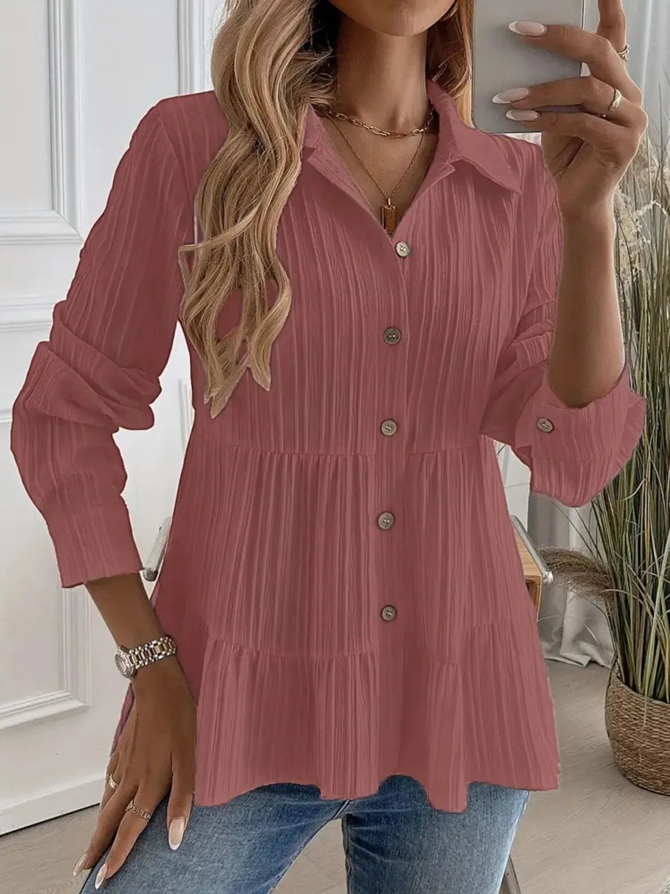 Striped Button-Down Tiered Shirt -  Be Bliss Boutique
