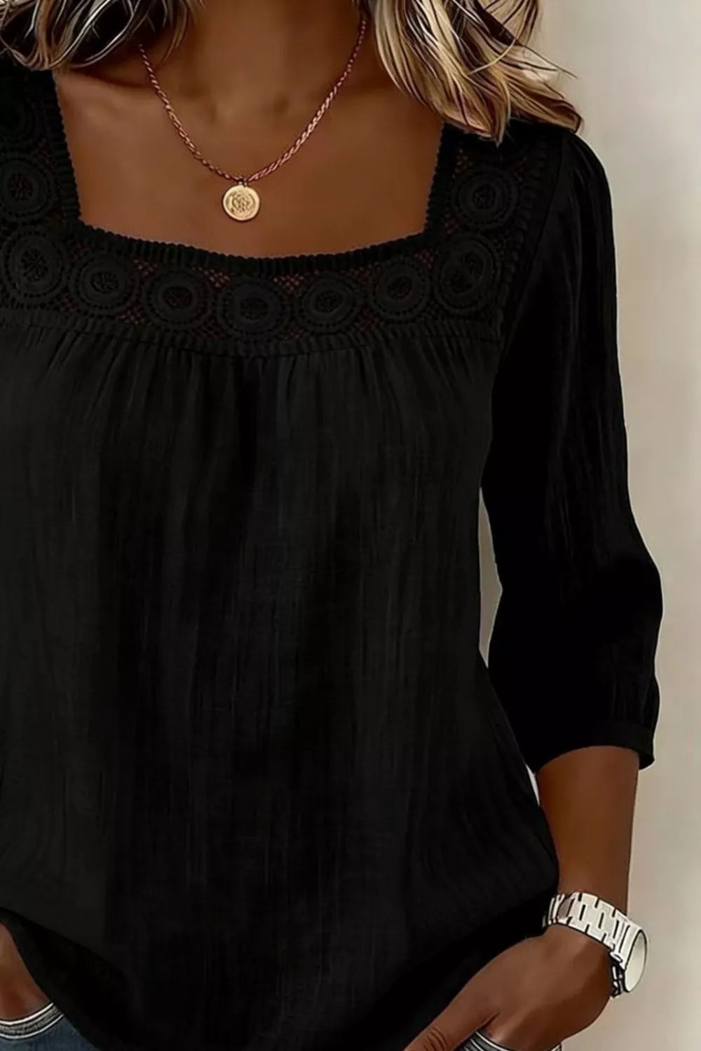 Crochet Trim Square Neck Blouse - Be Bliss Boutique