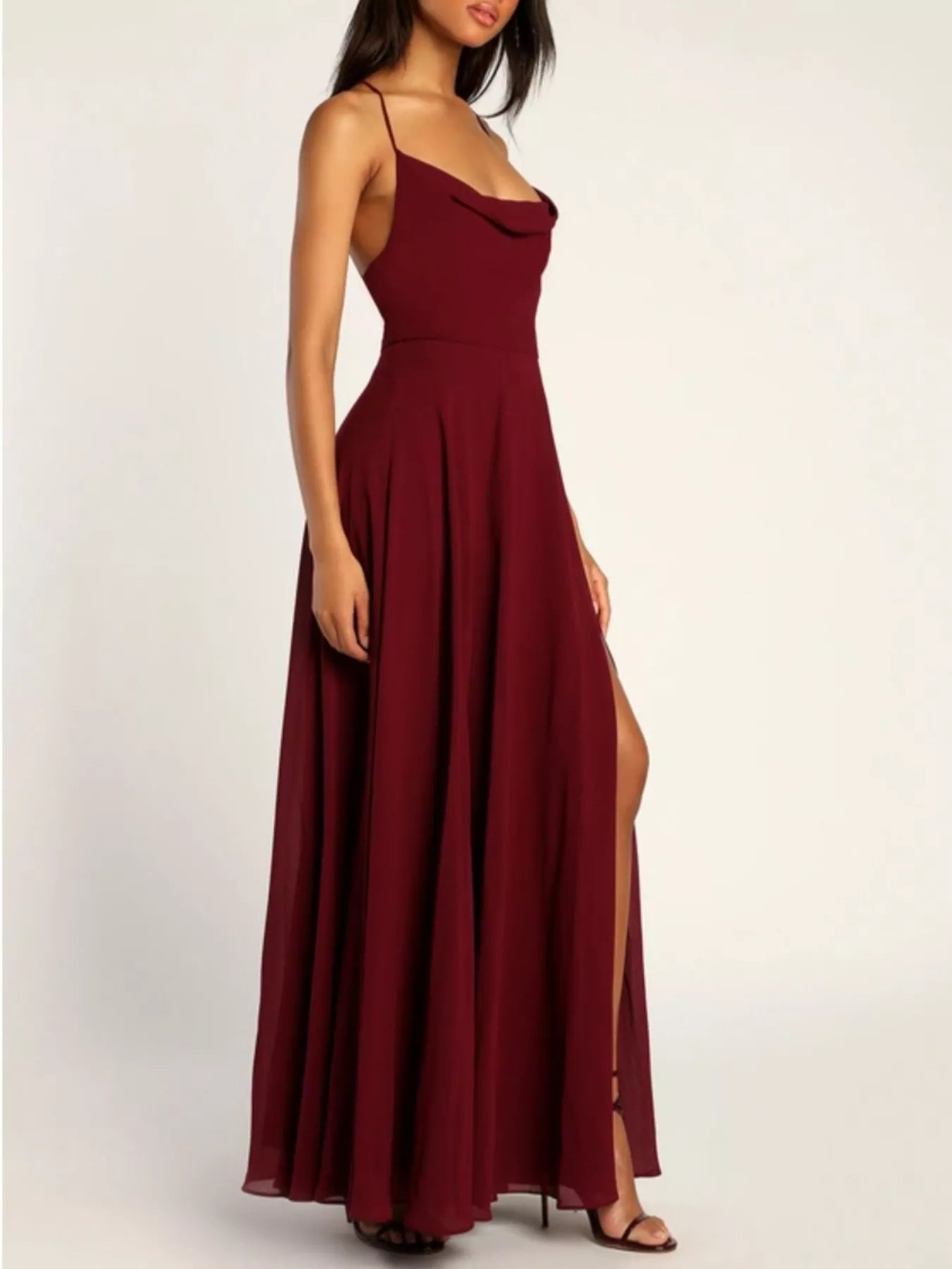 Backless Cowl Neck Lace-Up Slit Maxi Dress - Be Bliss Boutique