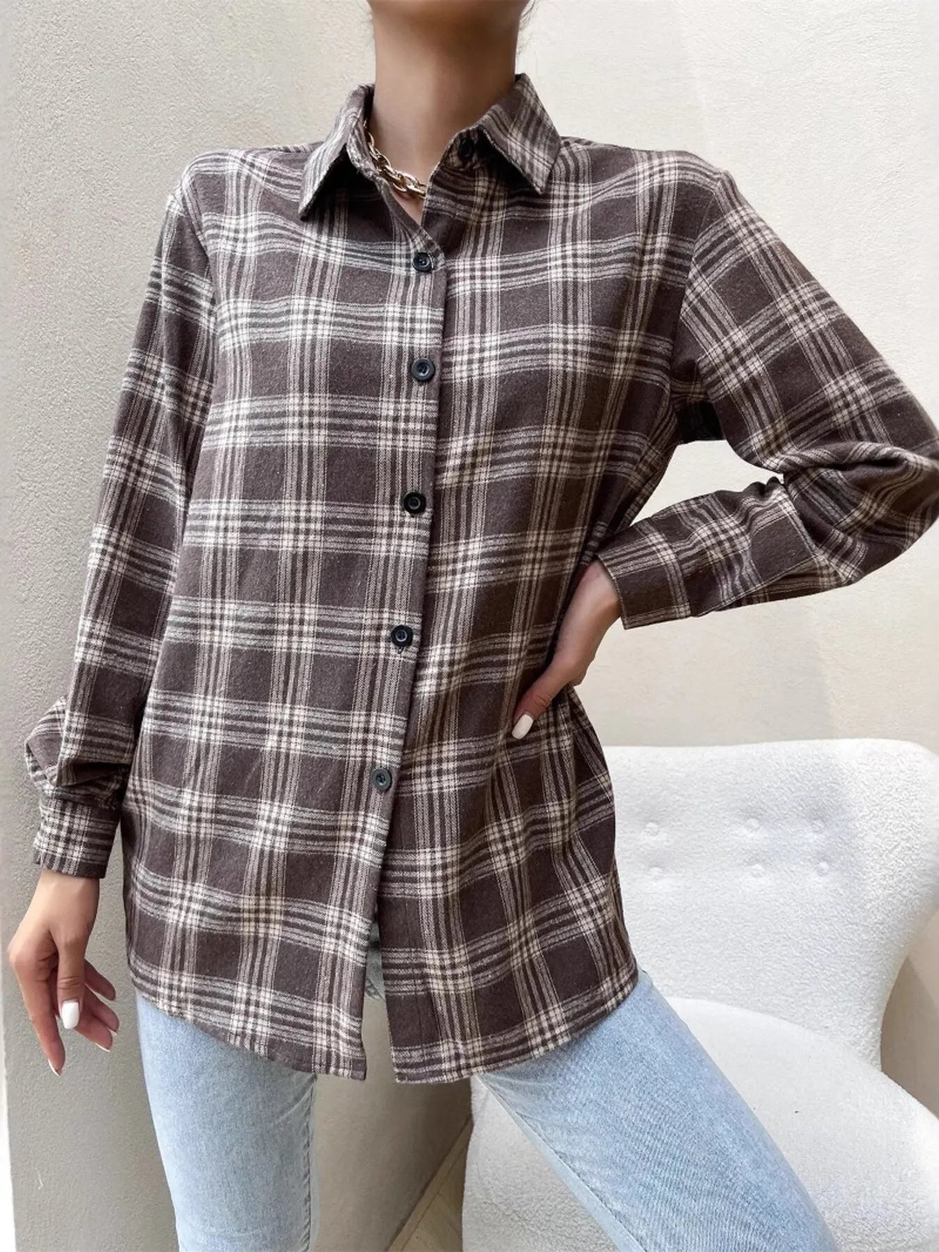 Oversized Plaid Button-Up Shirt -  Be Bliss Boutique
