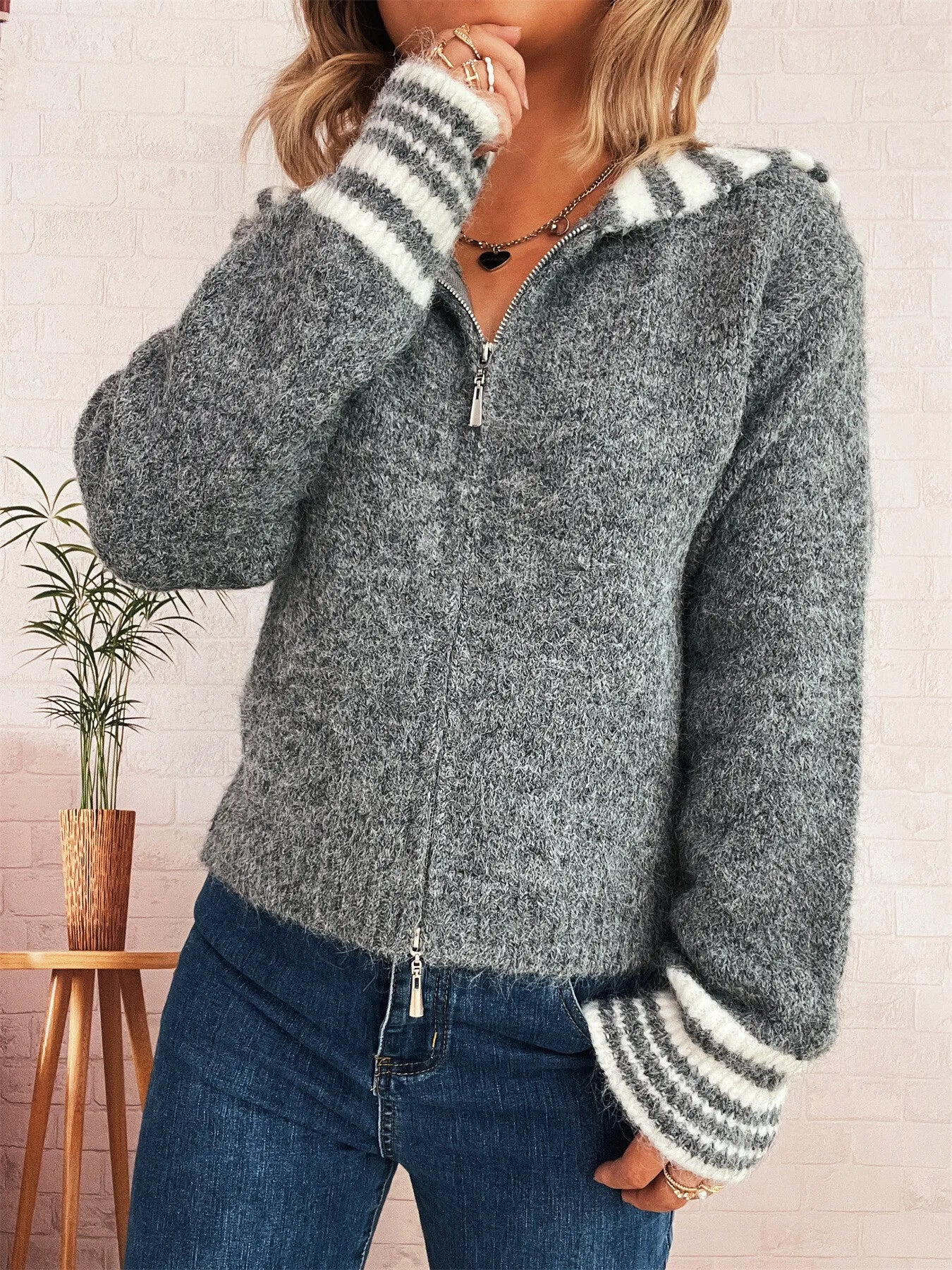 Striped Zip-Up Cardigan -  Be Bliss Boutique