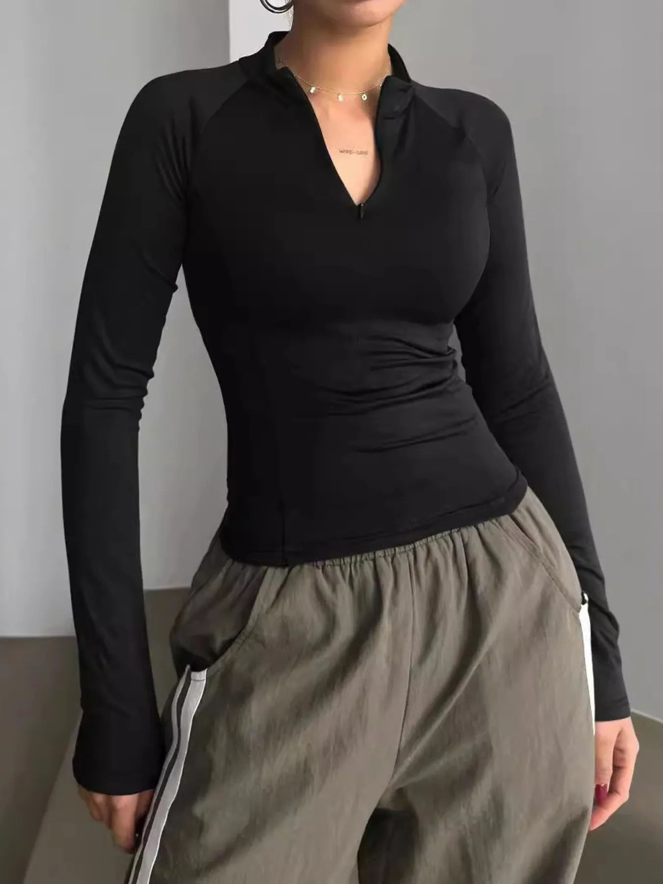 Long Sleeve Zip Front Fitted T-Shirt - Be Bliss Boutique