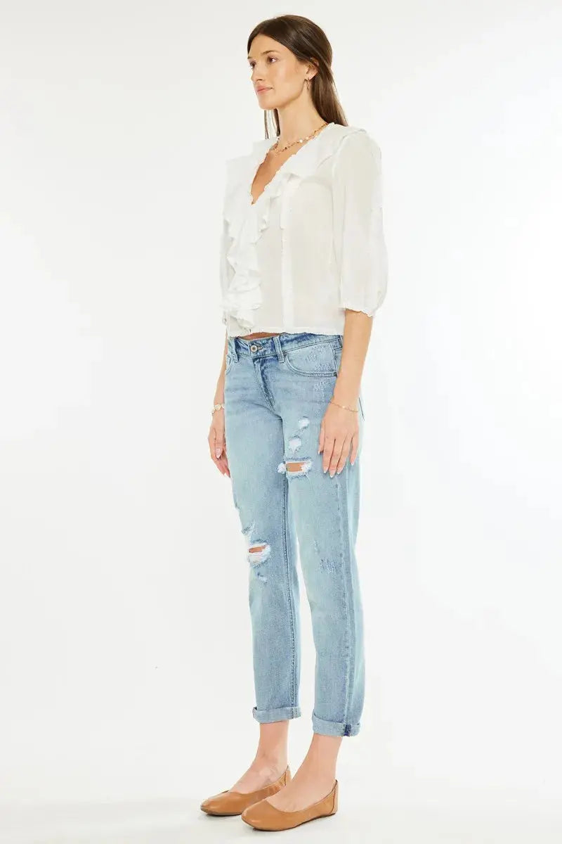 Kancan Mid Rise Distressed Boyfriend Fit Jeans | Be Bliss Boutique