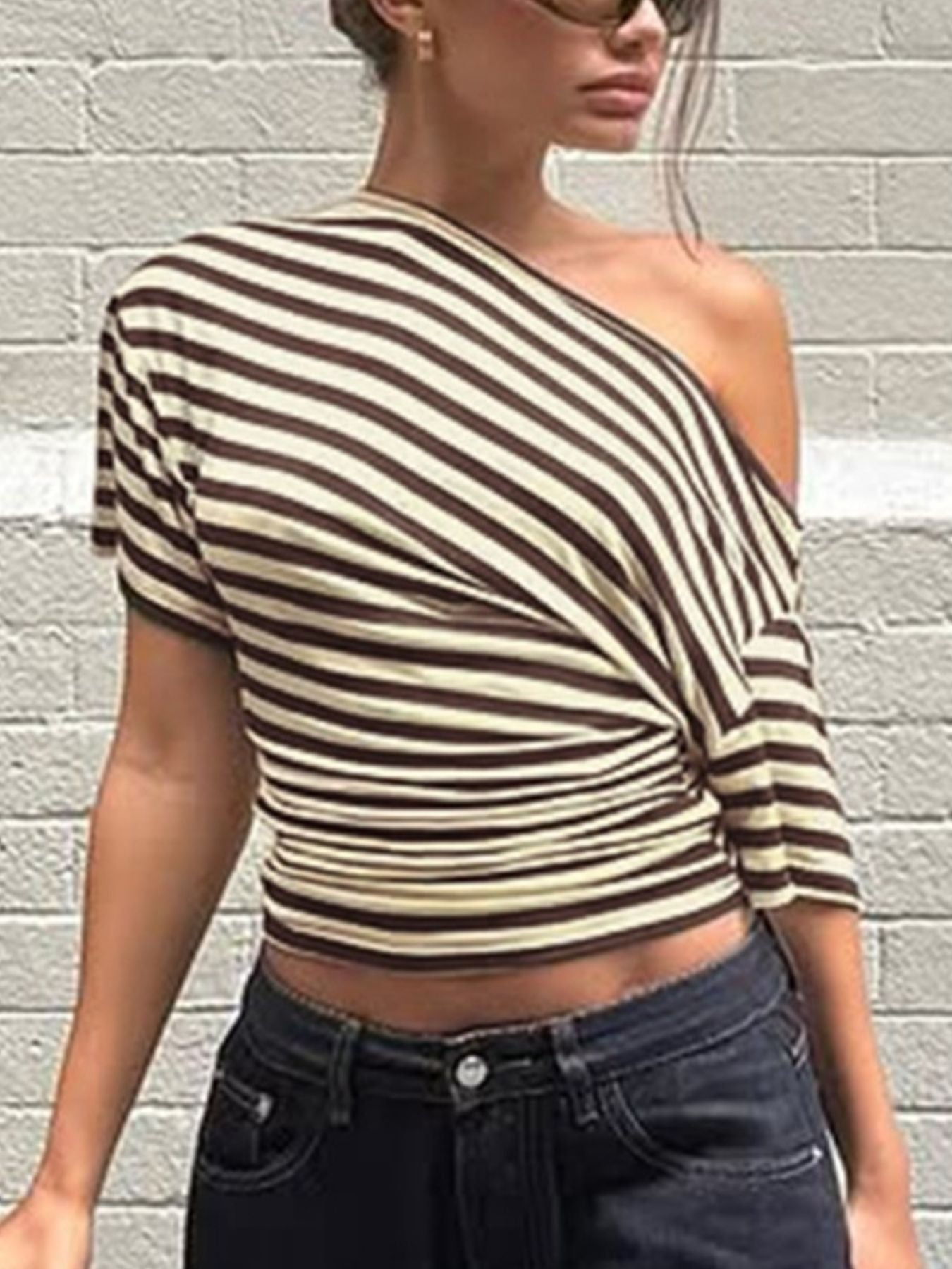 Striped One Shoulder T Shirt - Be Bliss Boutique