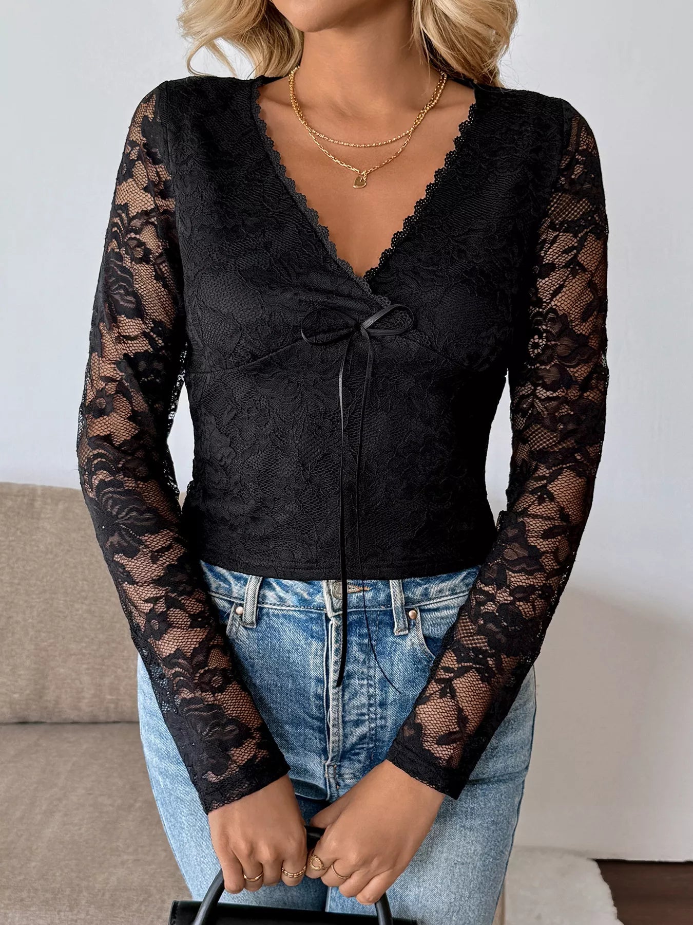 Long Sleeve Floral Lace Mesh Cropped Top - Be Bliss Boutique