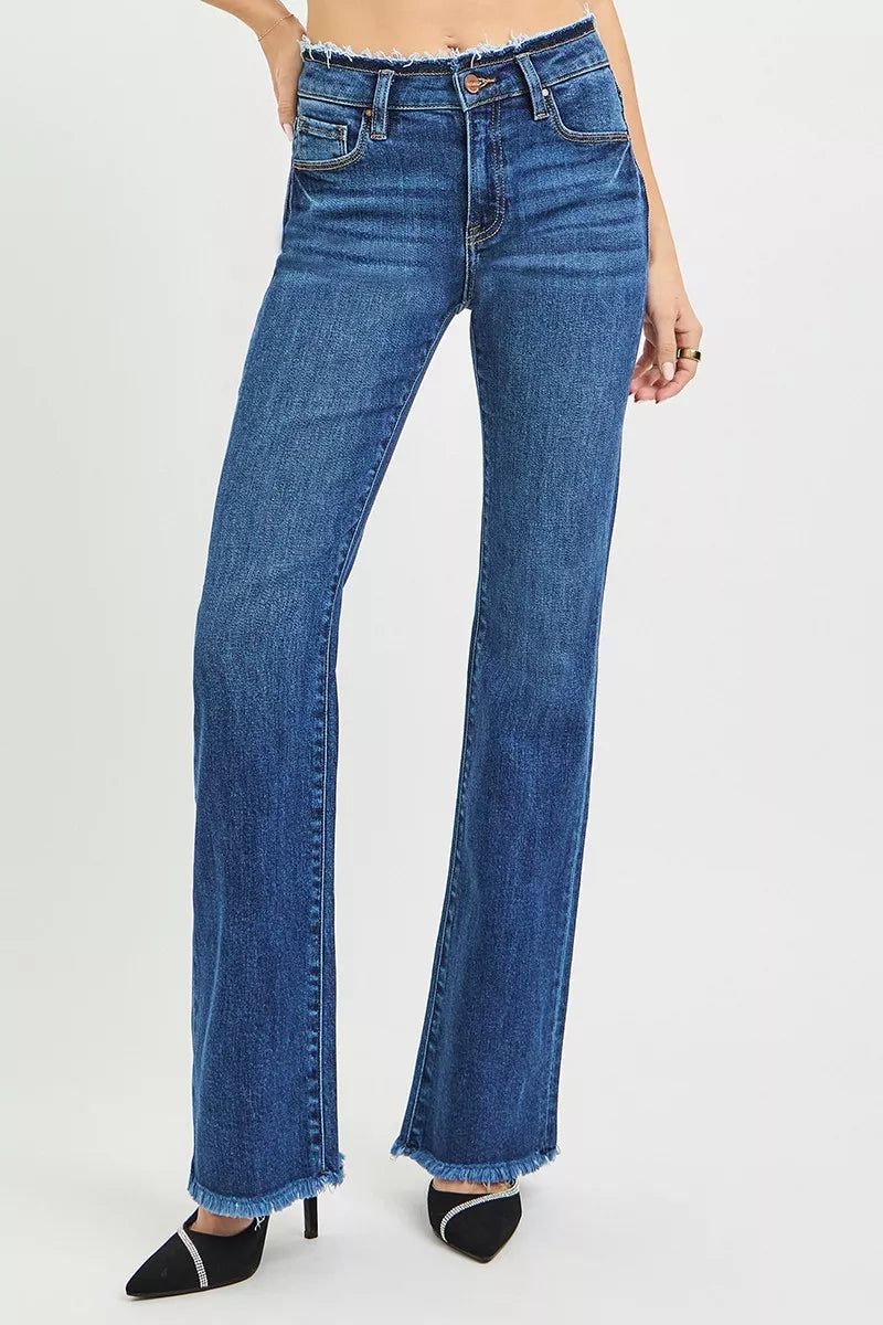 RISEN Jeans - Full Size Mid Rise Bootcut Frayed Waistband Hem Detail Jeans - Be Bliss Boutique