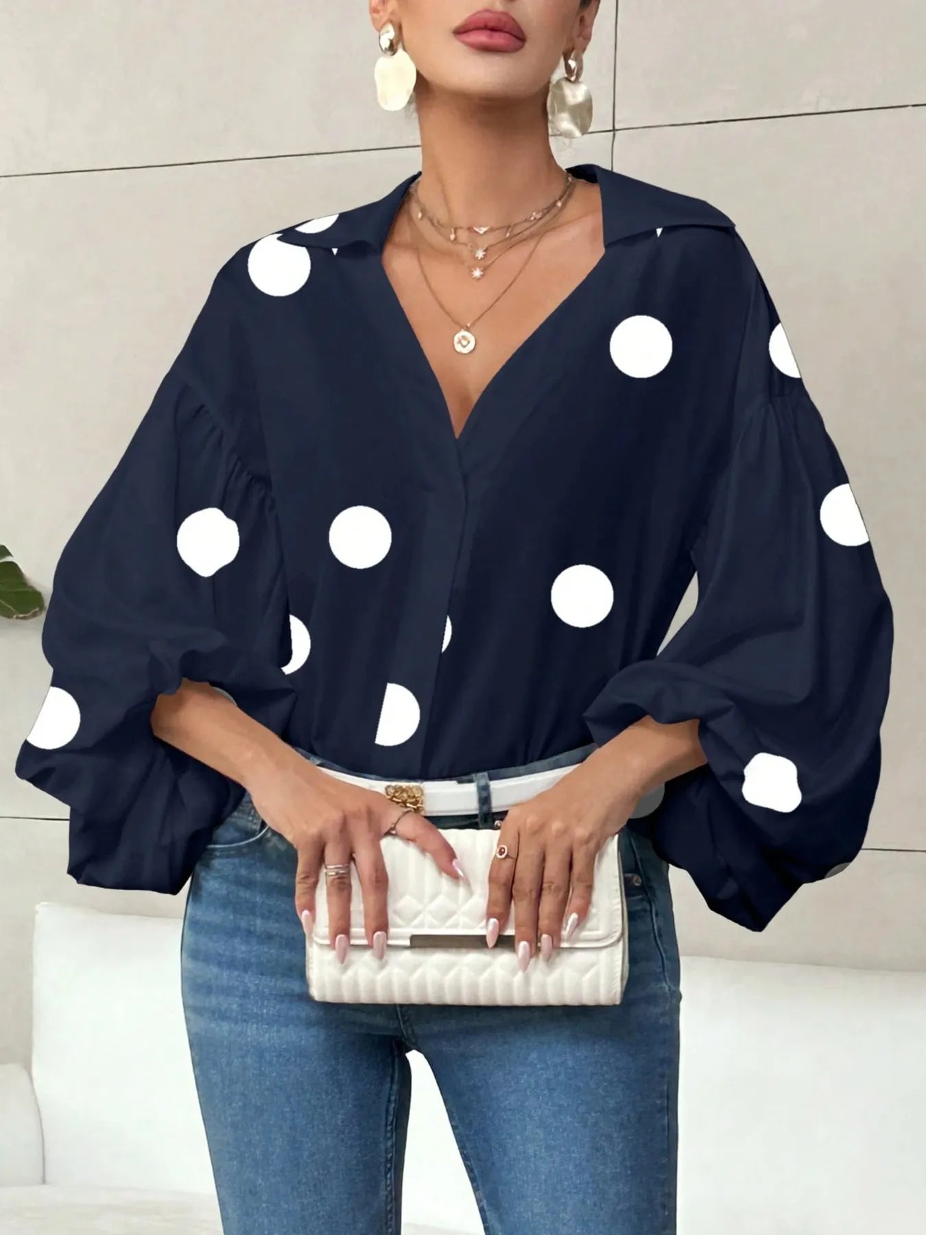 Polka Dot Balloon Sleeve Blouse -  Be Bliss Boutique