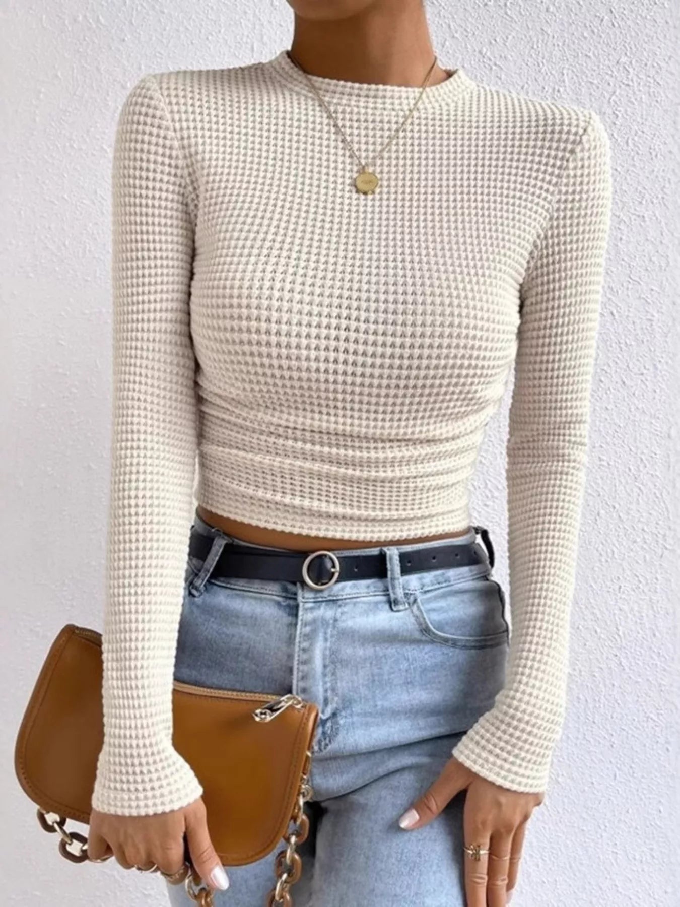 Waffle Knit Long Sleeve T-Shirt - Be Bliss Boutique