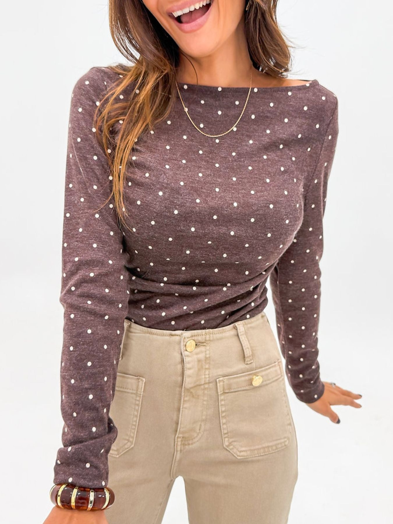 Polka Dot Boat Neck Knit Long Sleeve Shirt - Be Bliss Boutique