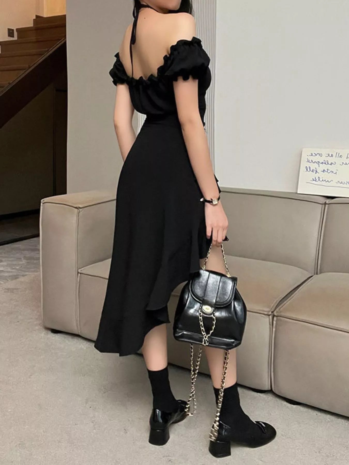Off-Shoulder Ruffle Hem High Low Dress - Be Bliss Boutique
