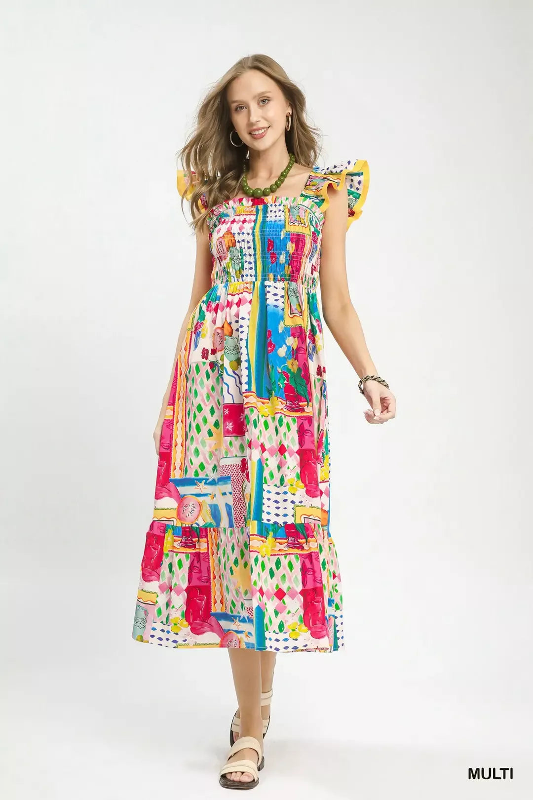 Umgee Abstract Print Smocked Ruffle Sleeve Tiered Midi Dress - Be Bliss Boutique