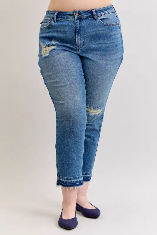 Judy Blue Full Size Mid Rise Bf Patch & Repair Destroy Release Hem Jeans Plus Size - Be Bliss Boutique