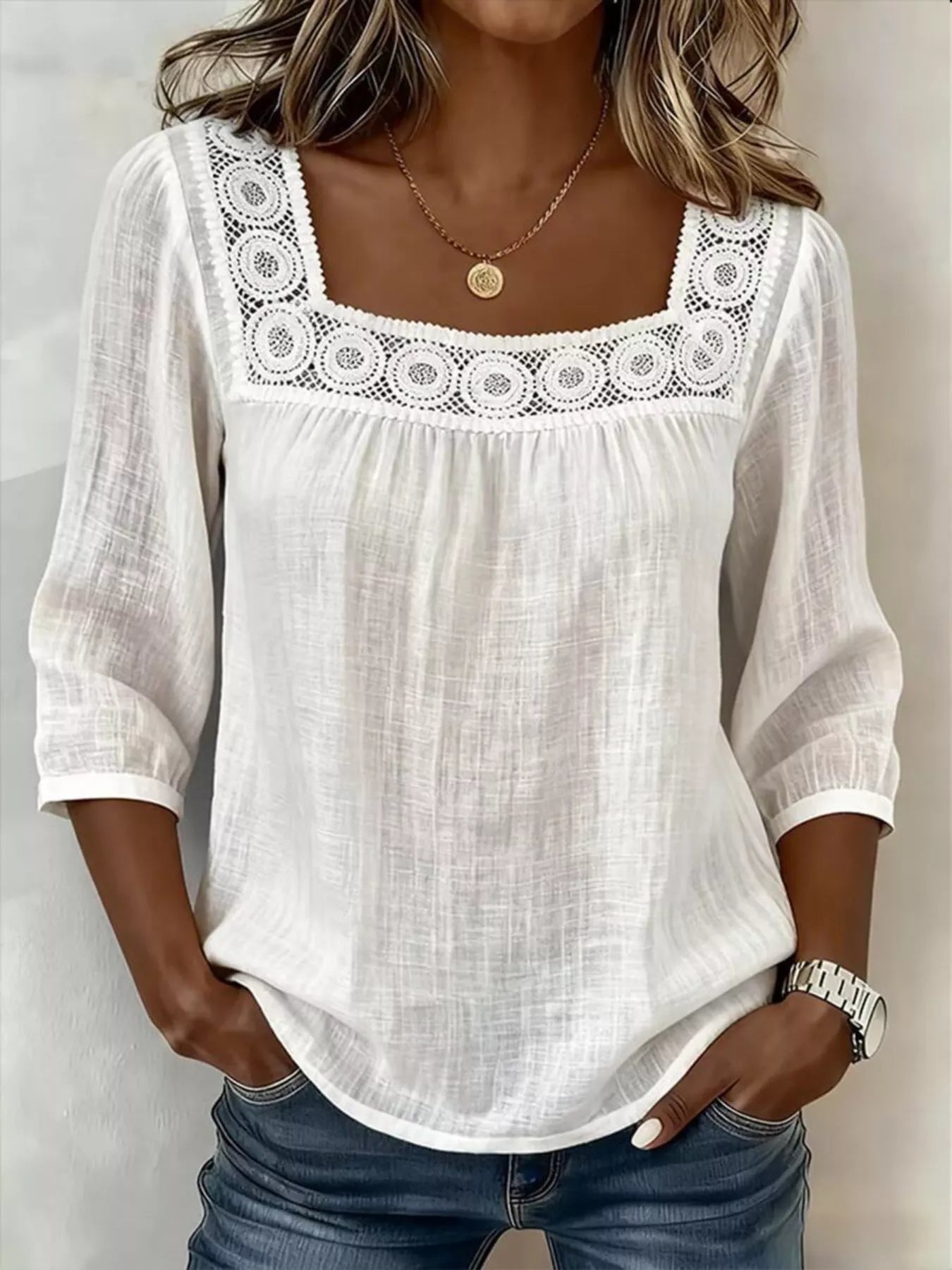 Crochet Trim Square Neck Blouse - Be Bliss Boutique