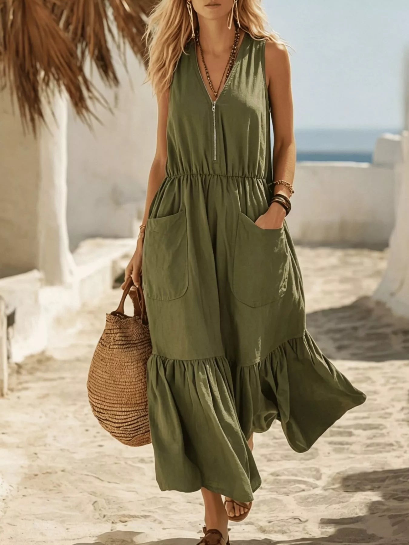 Full Size Zipper Front Pocket Ruffle Hem Sleeveless Maxi Dress - Be Bliss Boutique