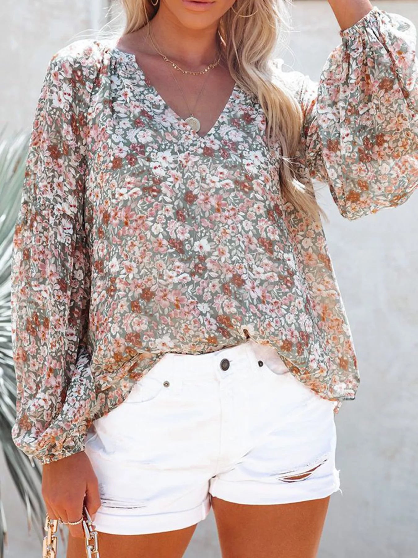 Full Size Floral Print V Neck Long Sleeve Blouse - Be Bliss Boutique