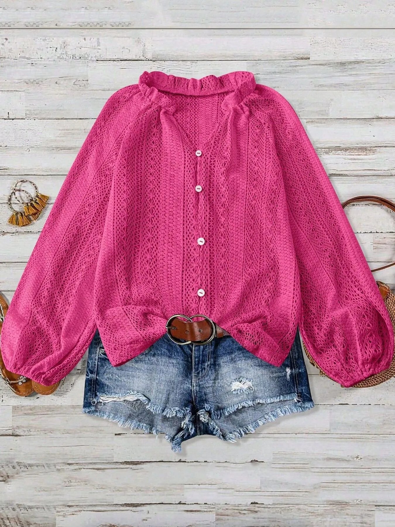 Crochet Notched Button-Front Shirt -  Be Bliss Boutique