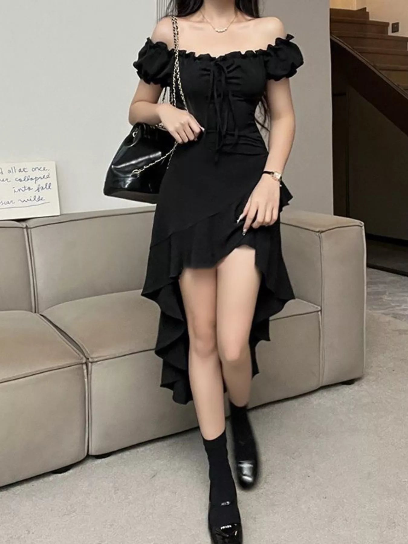 Off-Shoulder Ruffle Hem High Low Dress - Be Bliss Boutique